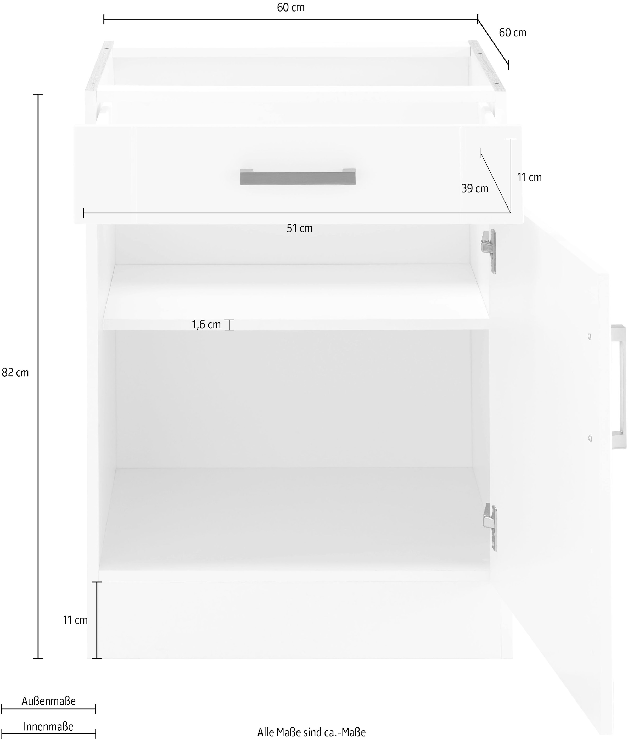 KOCHSTATION Unterschrank »KS-Tinnum«, 60 cm breit, MDF-Fronten, Metallgriff, 1 Schubkasten, 1 Tür