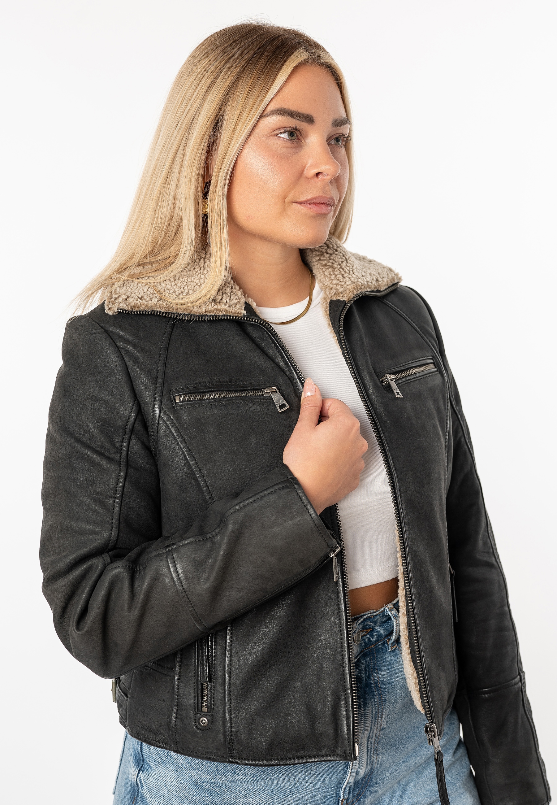 Mauritius Lederjacke »MWNaedda« mit hochschließendem Kragen mit Teddyplüschbesatz - wärmend