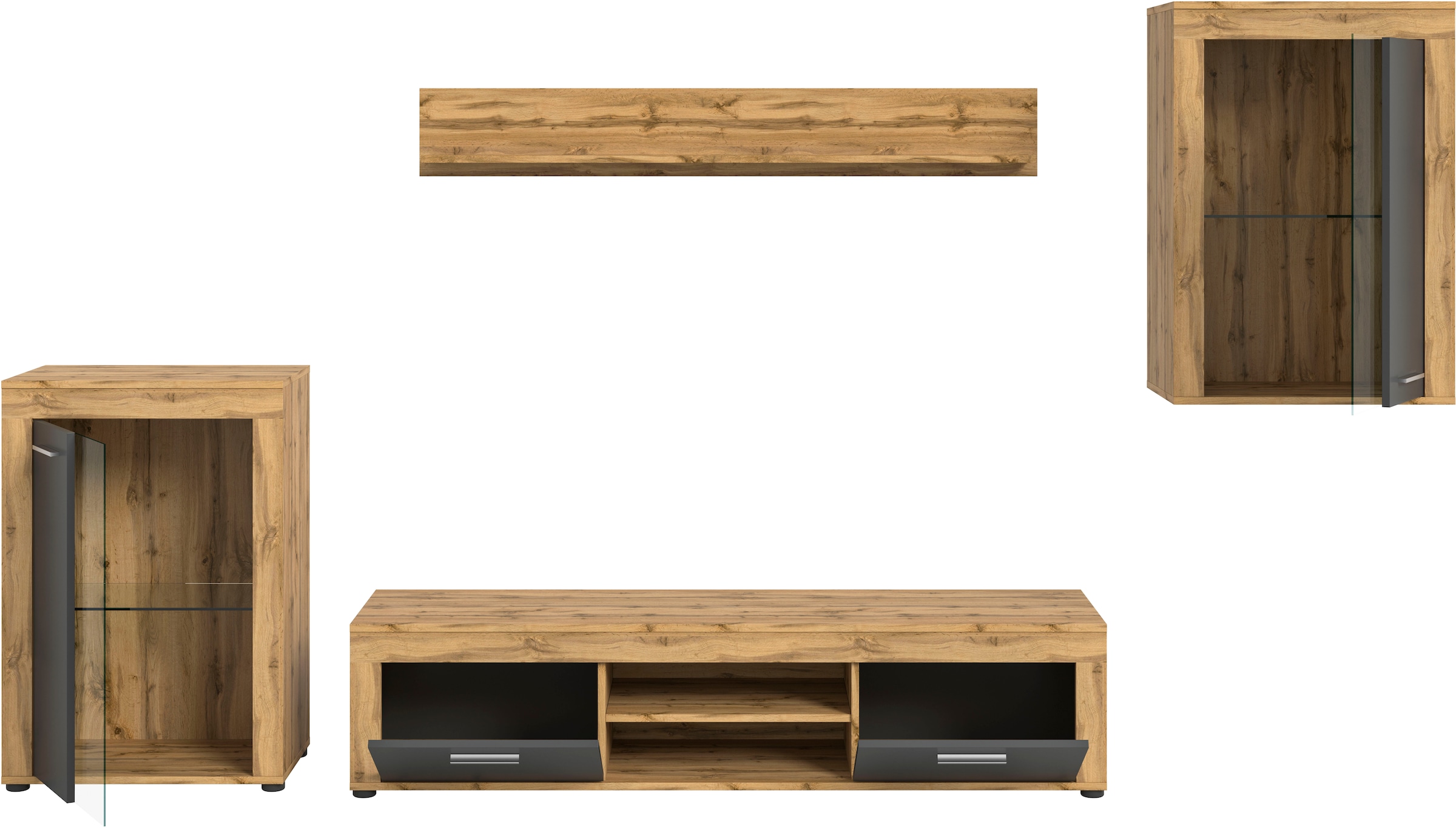 INOSIGN Wohnwand »Aosta, 4-tlg., bestehend aus: 2x Vitrine, Lowboard & Wandboard«, (4 St.), Wohnwand, Kombination, Anbauwand, Möbel Set, Schrankwand, Möbel Kombi