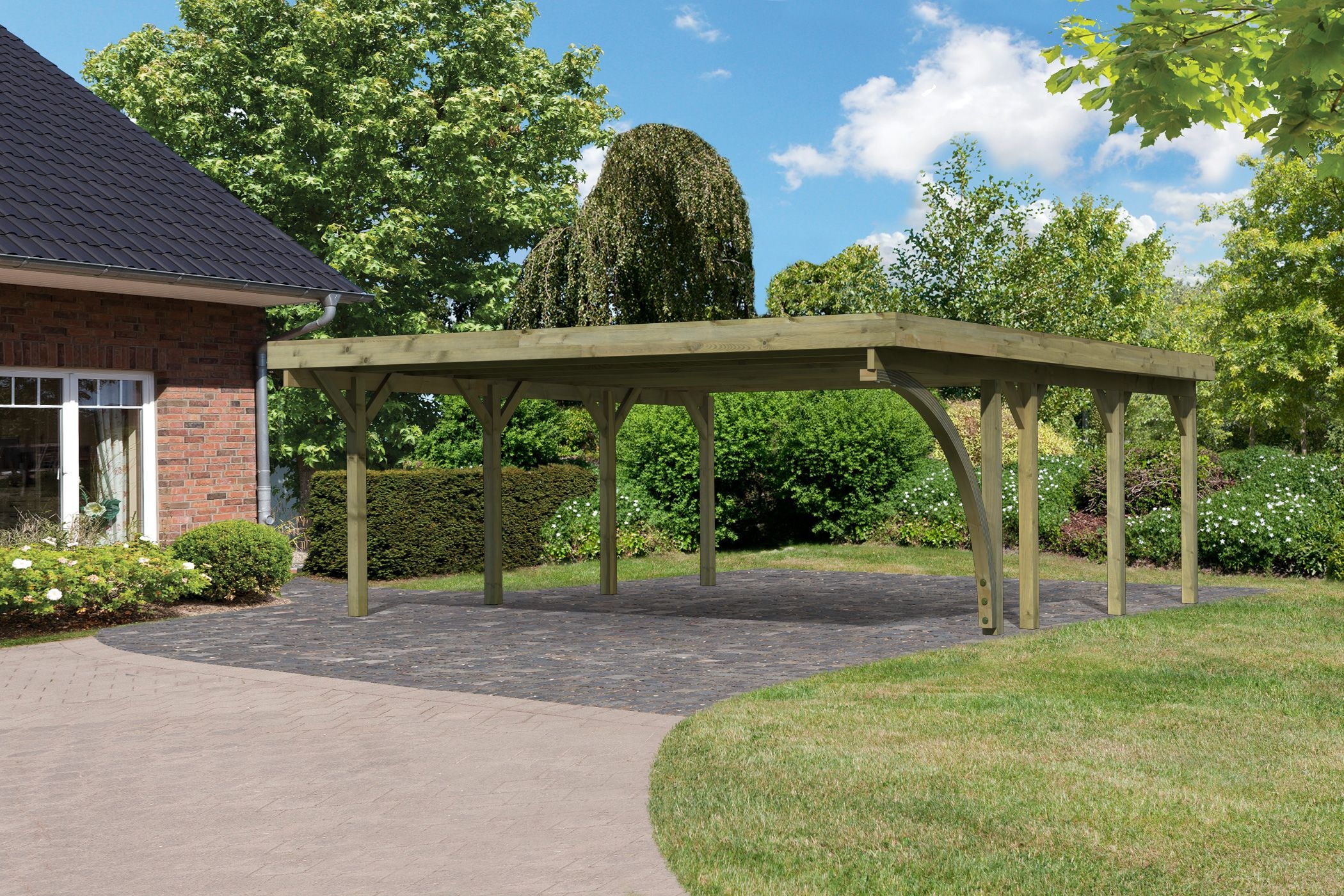 Doppelcarport KARIBUkdi, Carports, "»Classic 2 SET« PVC-Dach Variante B, mit einem Einfahrtsbogen", aus Masivholz