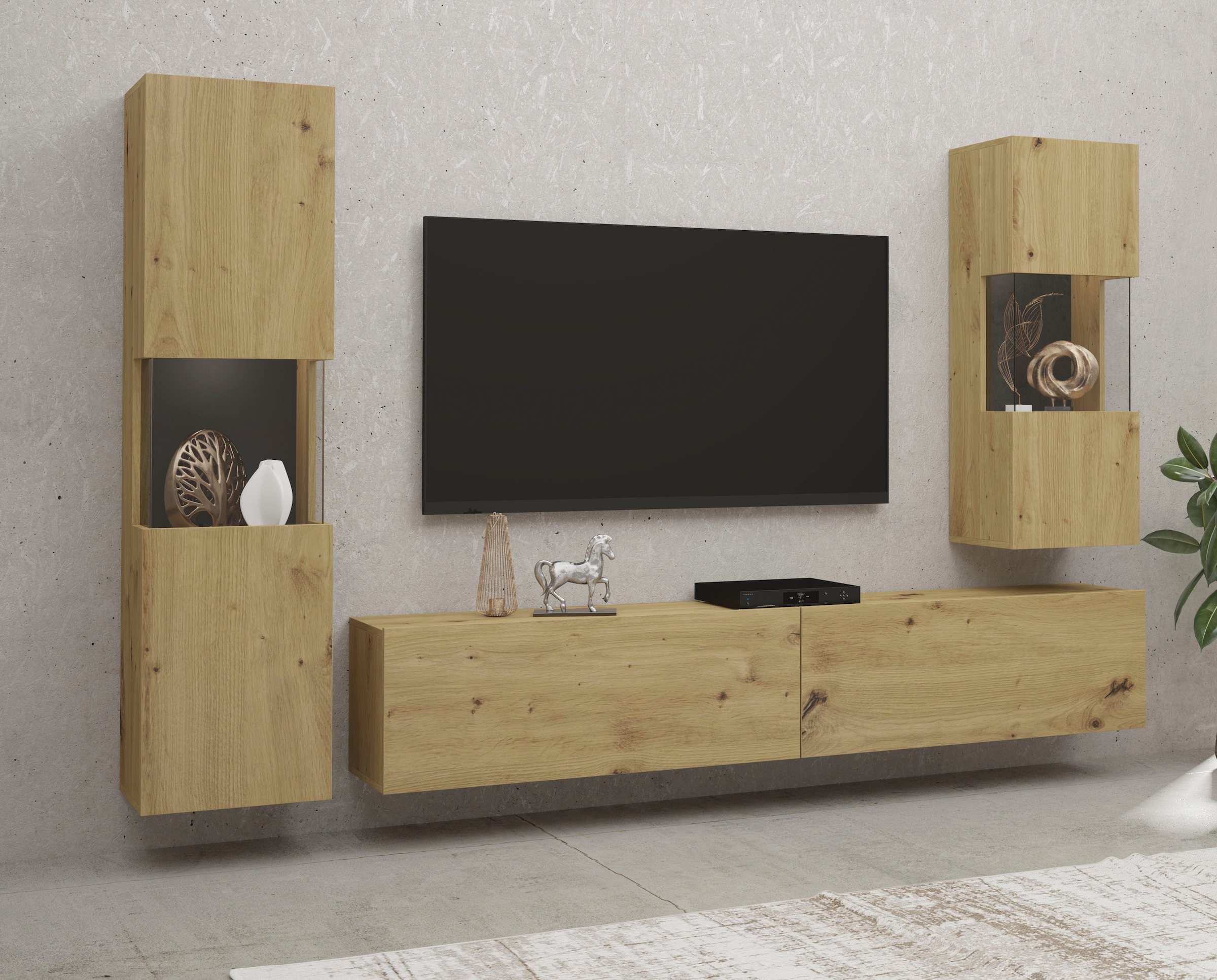 INOSIGN Wohnwand »Ava, Wohnzimmer-Set hängend/stehend montierbar, Vitrine, Lowboard«, 3-tlg.