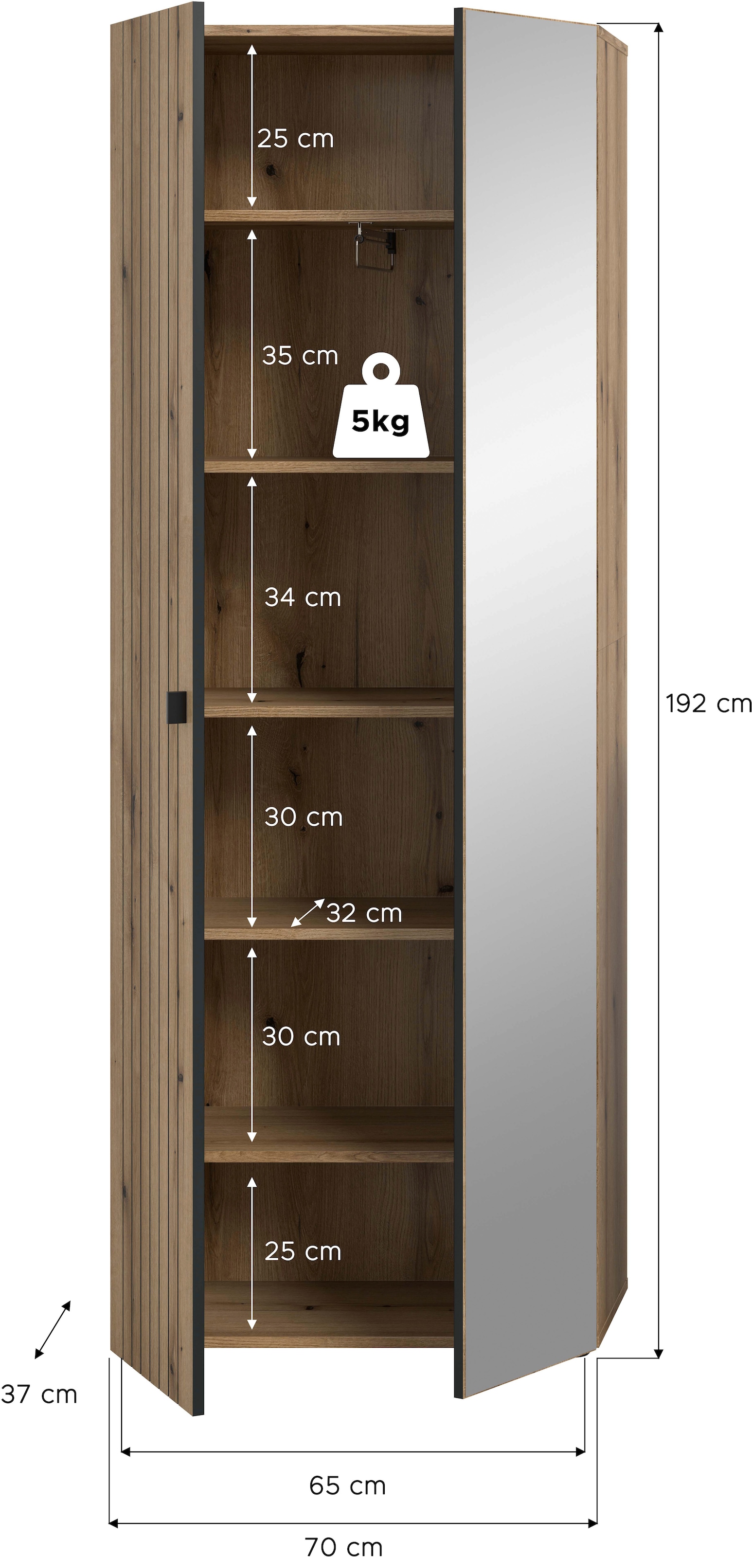 Home affaire Garderobenschrank »TATIO, Höhe 192 cm, Rillenoptik, Spiegeltür« 1 Stk. tlg. Garderobenschrank, Flurschrank, Dielenschrank