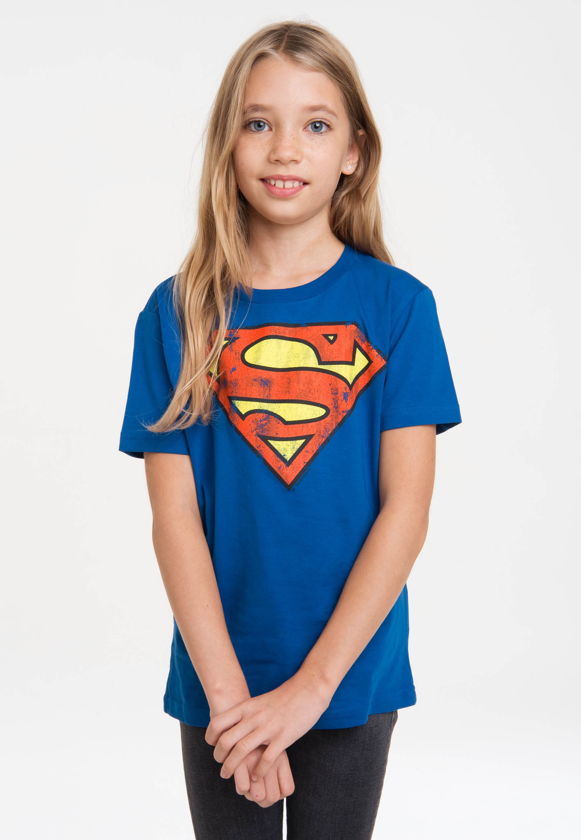 LOGOSHIRT Mädchen T-Shirt "DC Comics – Superman", blau, Gr. 104, unifarben, 100% Baumwolle, Shirts, mit lizenziertem Print