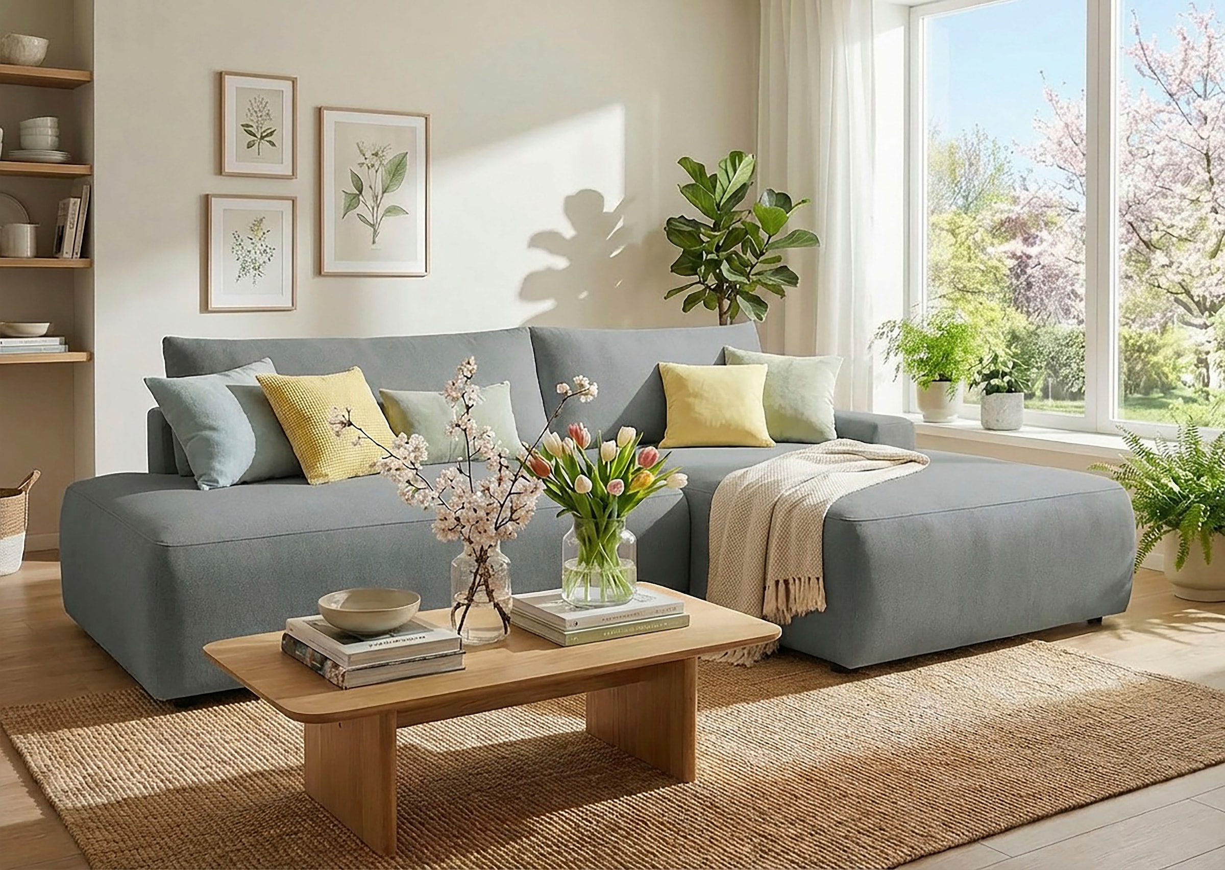 TRENDMANUFAKTUR Ecksofa "Prag, Schlafsofa mit Bettkasten, Couch in L-Form, Breite 253 cm" in feinem Strukturstoff, grau, Recamiere rechts