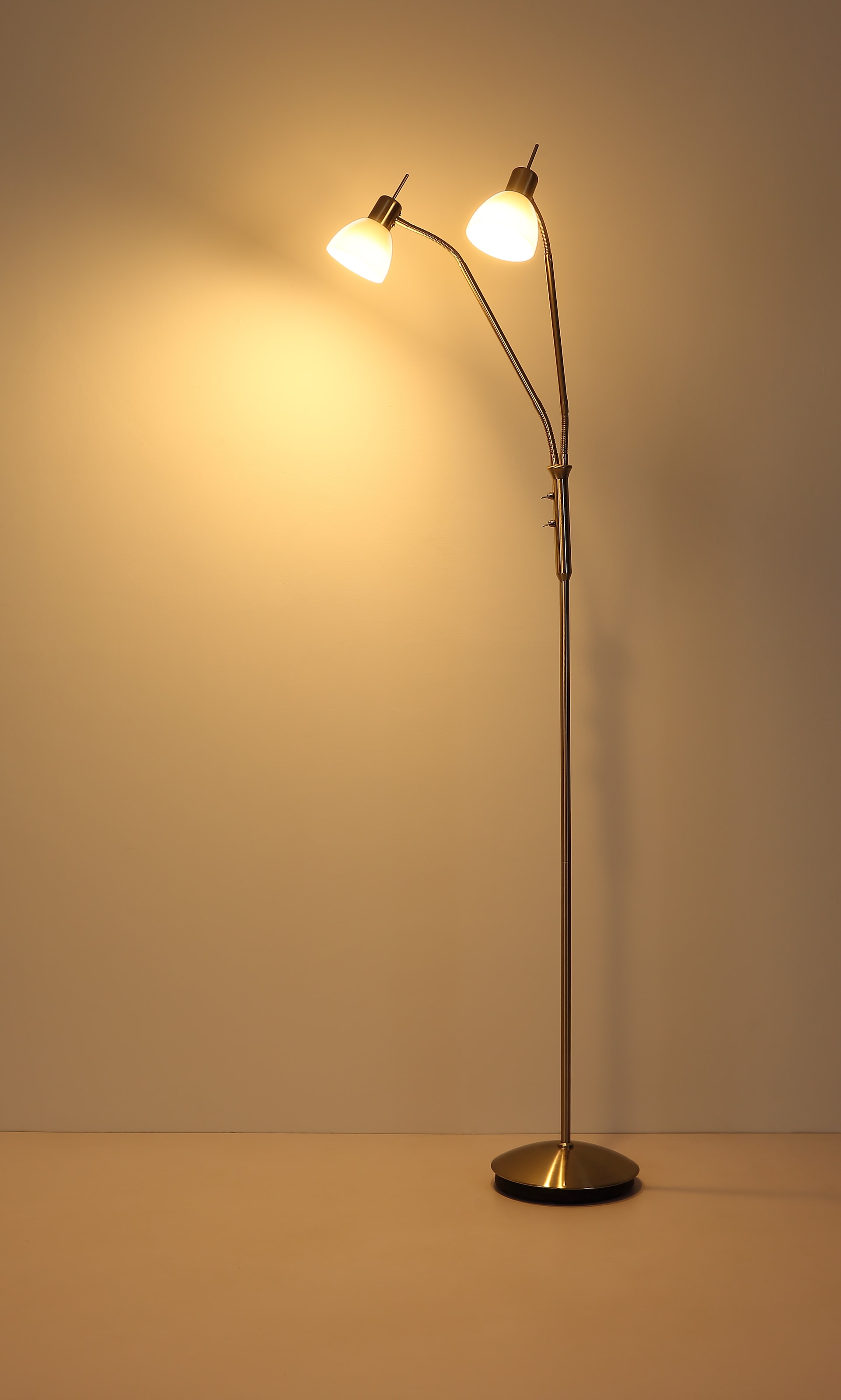 NOWA Stehlampe »MALTE« E14 1 Stk. Warmweiß Metall Nickel matt, Glas opal, 2-arm Flexo, inkl. 2x E14 LED