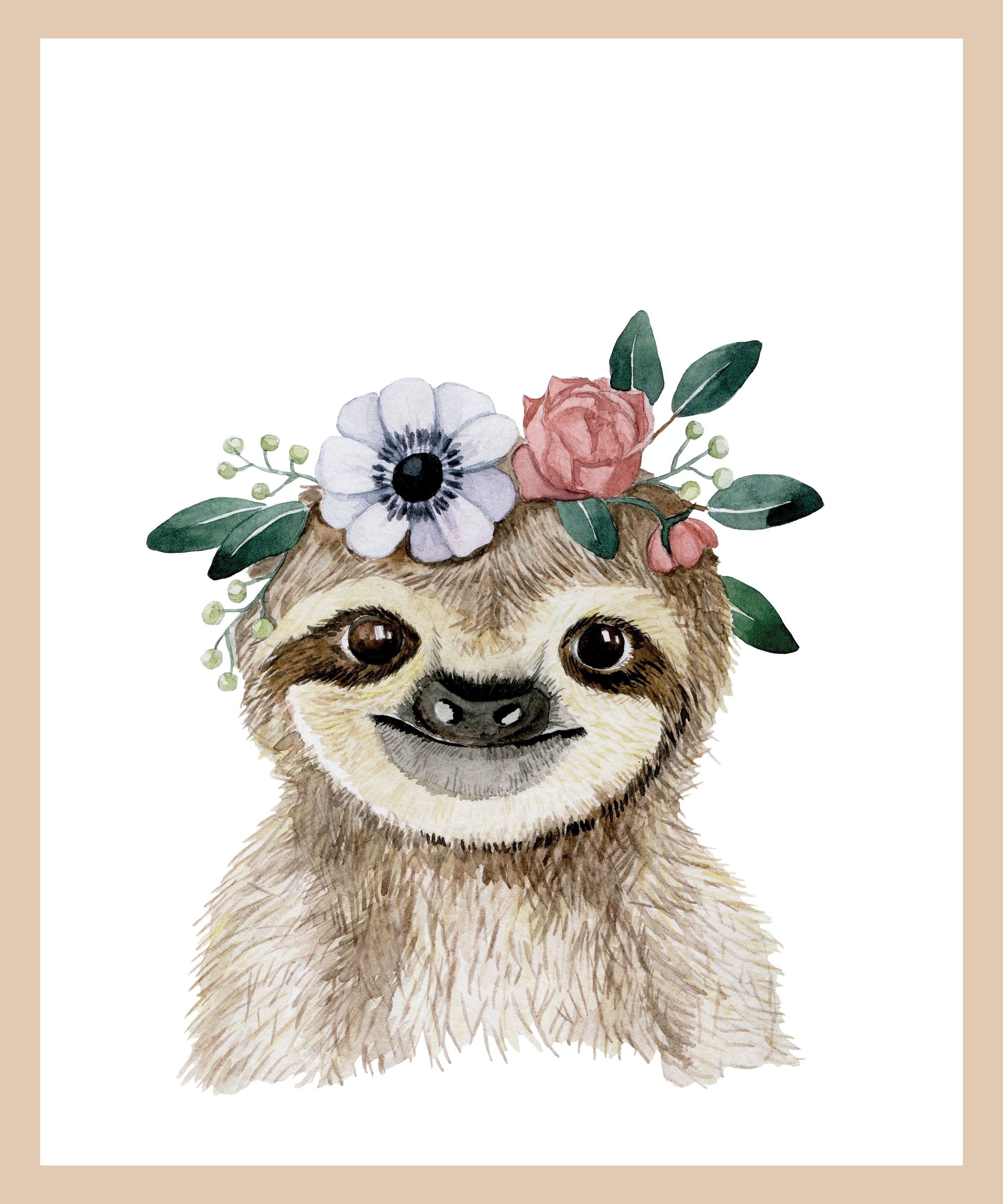 Lüttenhütt Bild mit Rahmen »oder Poster, Faultier mit Blumenkranz«, Fantasy-Faultier-Tiere, (1 St.), HD Premium Druck
