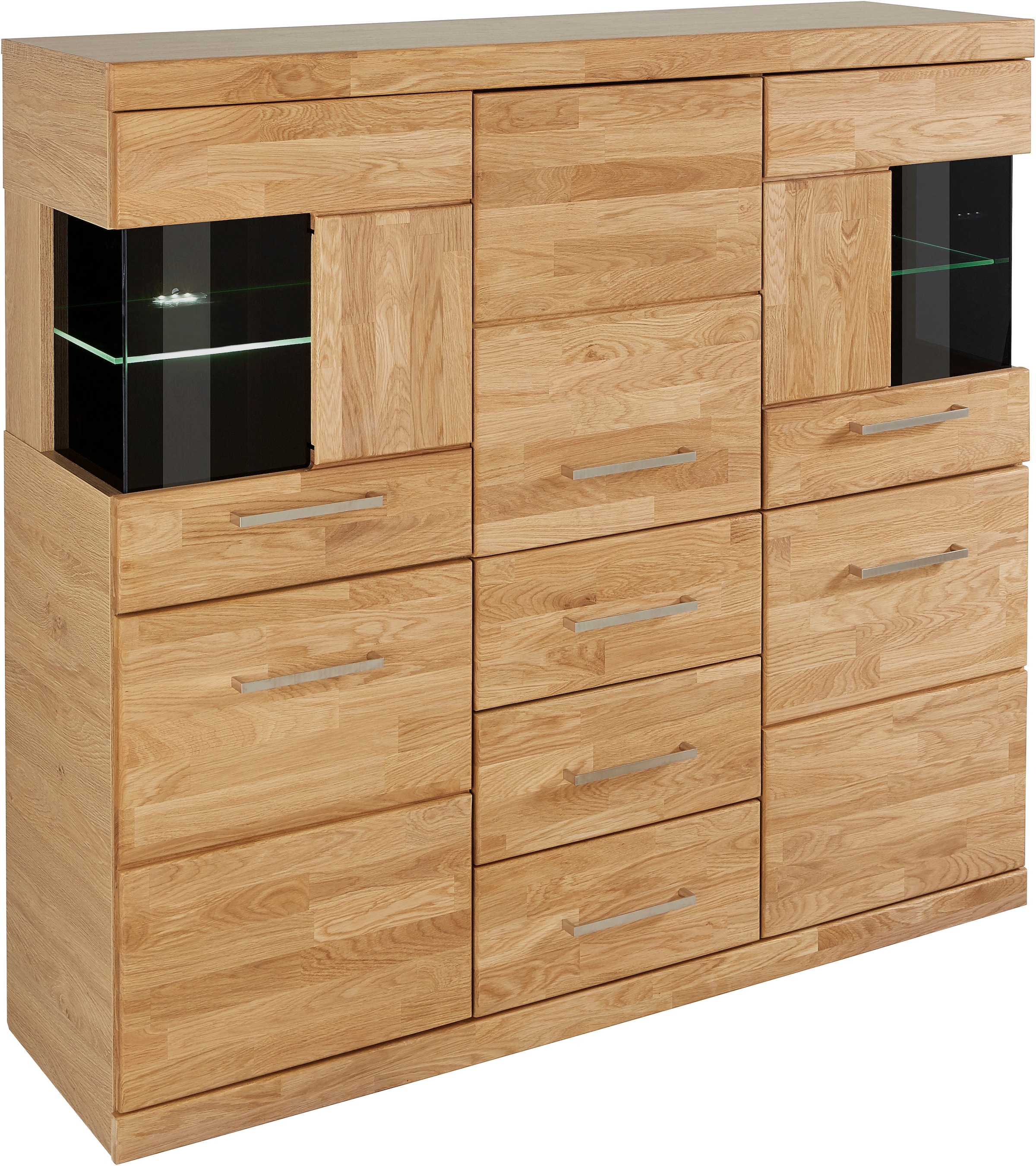 Home affaire Highboard »Ribe,125cm breit,115cm hoch, Fronten Massivholz,5Türen,3 Schubladen«, Holz massiv, Holzwerkstoff, Metall Griffe,10Fächer, Böden versetzbar