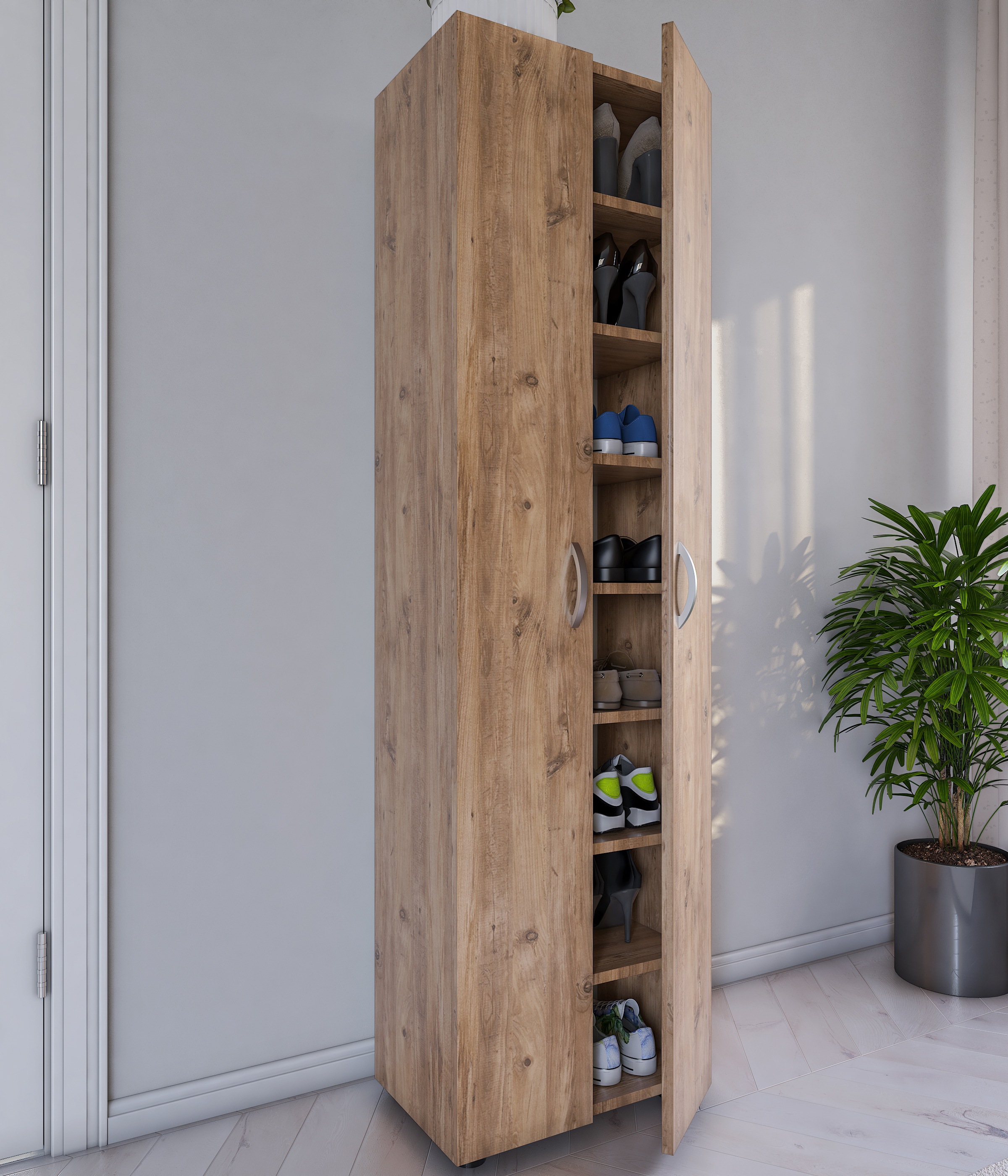 VCM Schuhschrank »VCM Holz Schuhschrank | Maße: H. 173 x B. 49 x T. 30 cm | Allzweckschrank | 8 Fächer | 2 Drehtüren ¿ Ulas«, (1 St.)