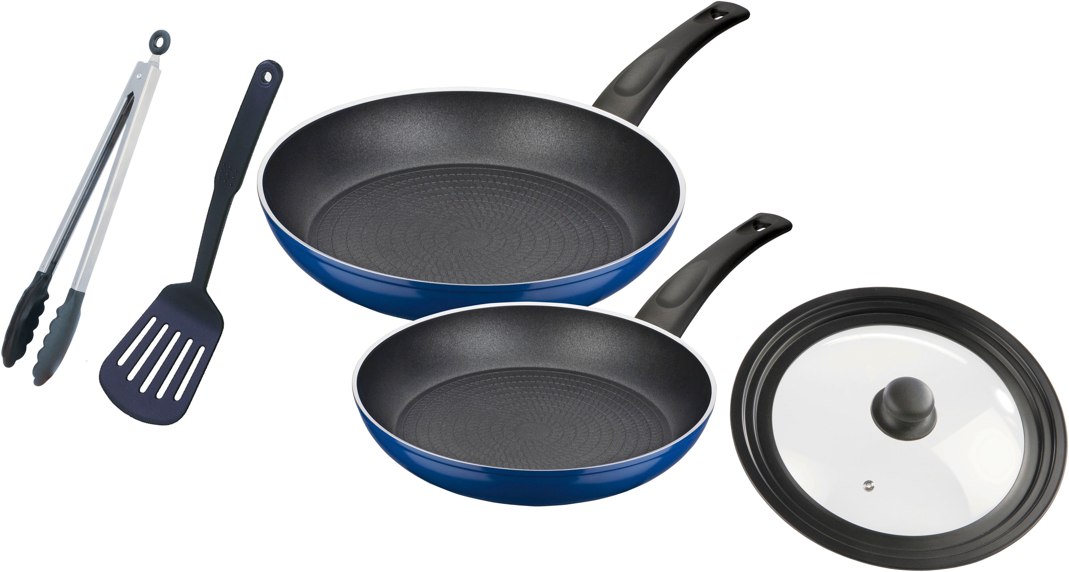 Gsw Pfannen-Set "Dream Line" Aluminium Set, Je 1 Pfanne 24/28cm, 1 Deckel 24-28cm, 1 Pfannenwender, 1 Multizange, 5 Stk. Tlg. Antihaft-Versiegelung,