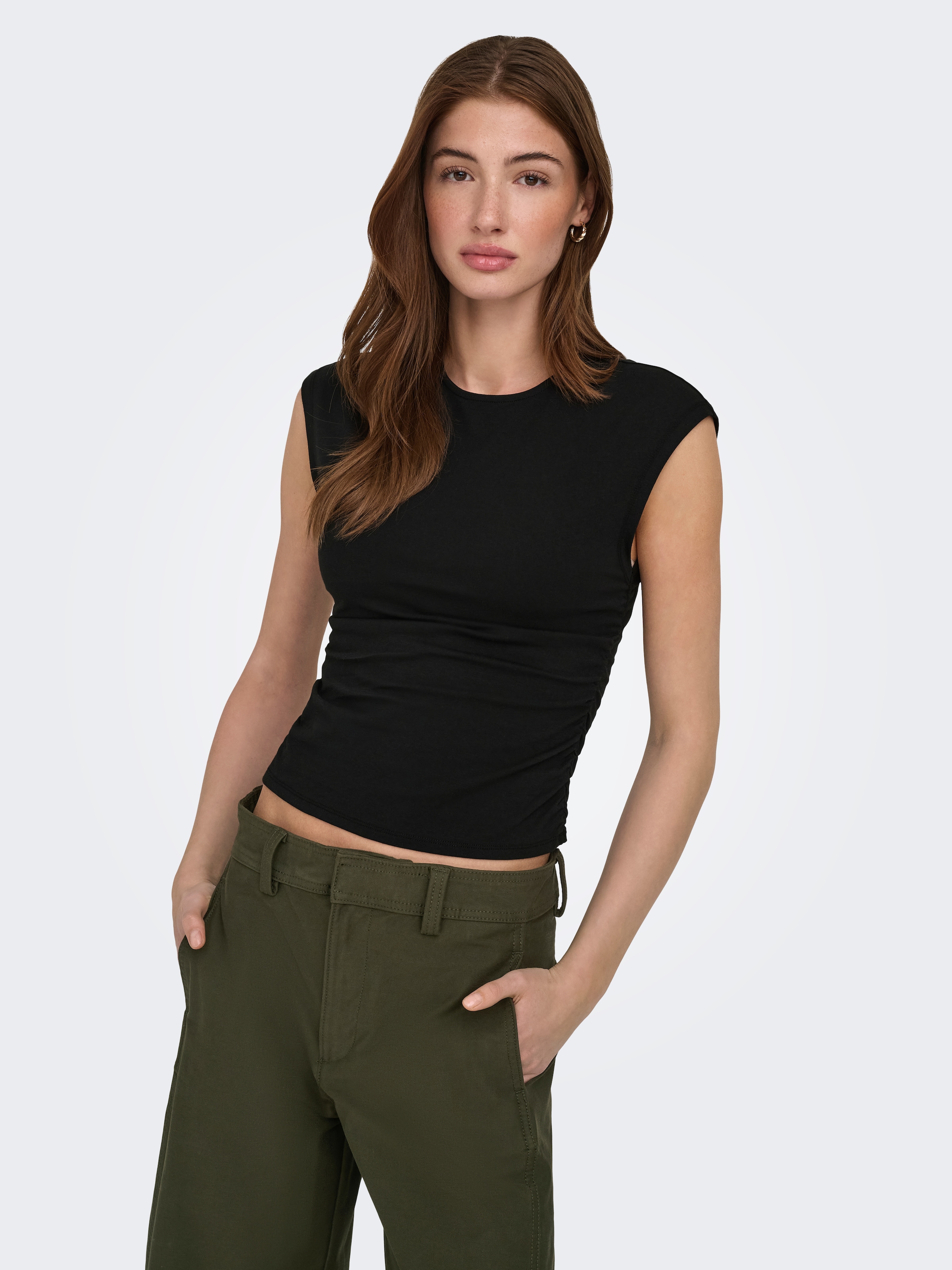 ONLY "ONLMIRA CAPSL RUCHING TOP JRS NOOS" Baumwollmischung, regular fit, Rundhals