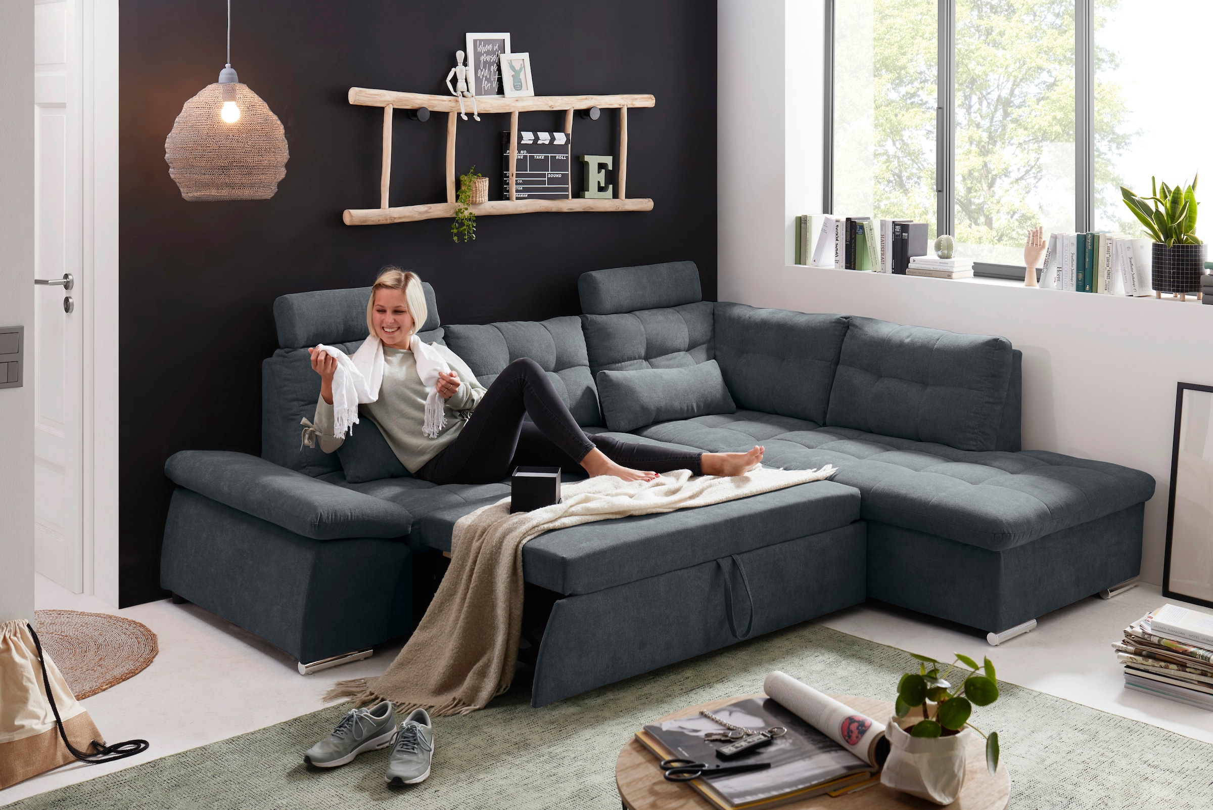 ED EXCITING DESIGN Ecksofa »Nalo L-Form«, mit Bettfunktion, Bettkasten, Kopfstützen, Nierenkissen etc.