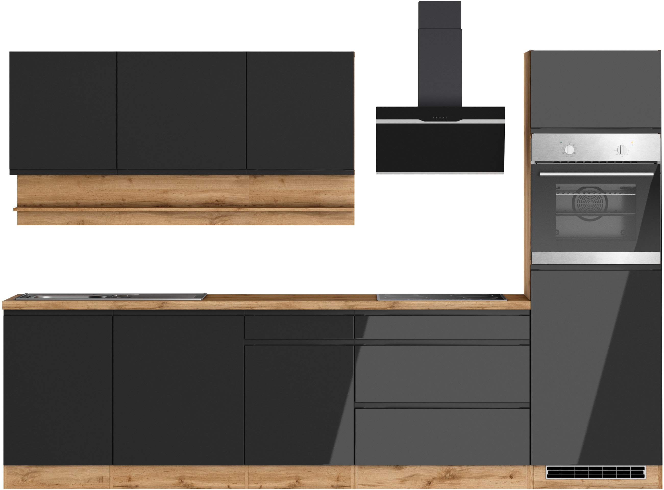KOCHSTATION Küchenzeile "KS-Virginia,neu in verbesserter Ausführung" Arbeitsplatte 38 mm stark, Stauraum, Softclose, Breite 300 cm, Soft-Close, wahlweise mit E-Geräten