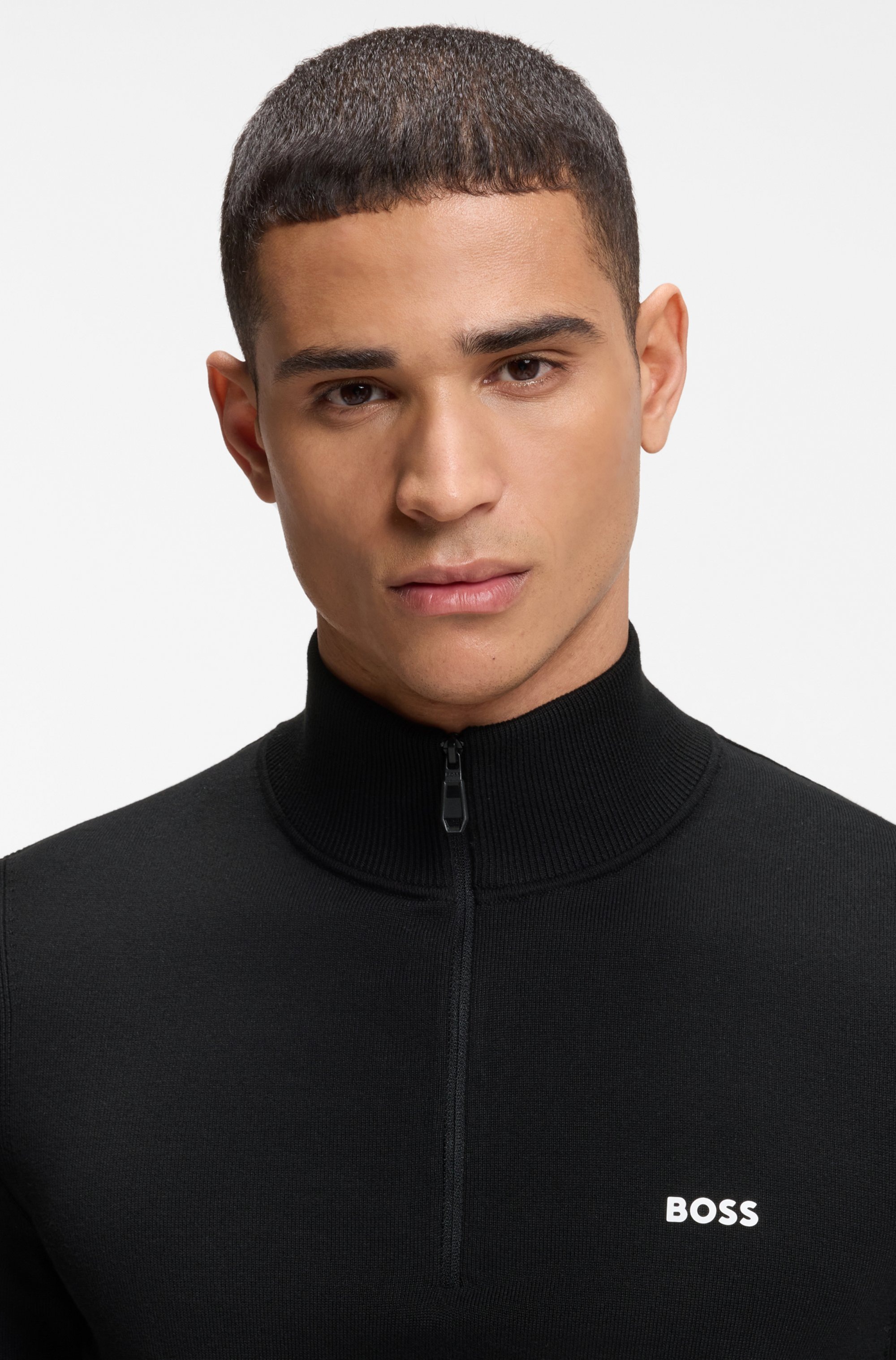 BOSS GREEN Strickpullover Stehkragen mit Reißverschluss, Regular fit, Logo- günstig online kaufen