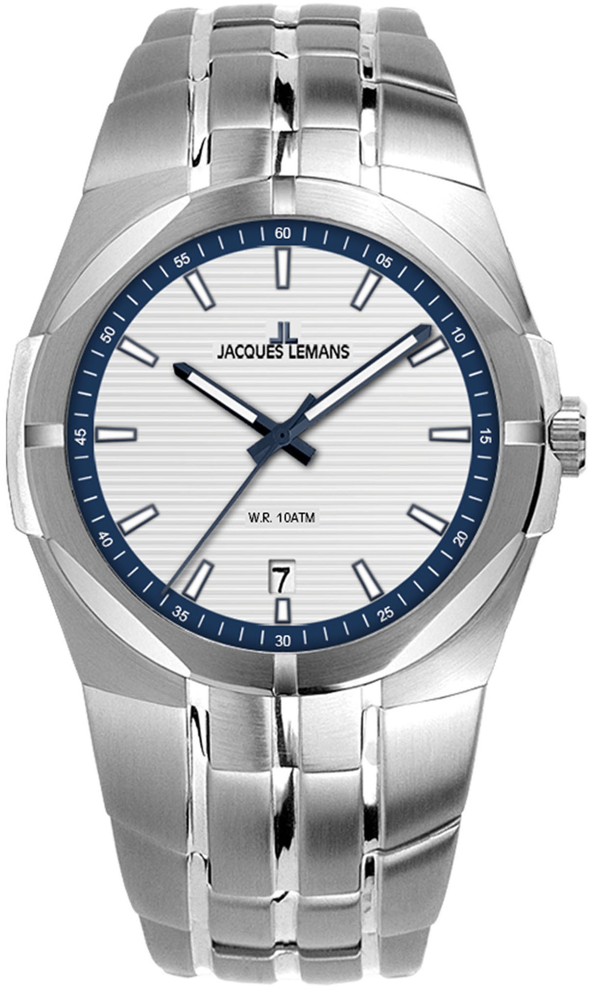 Jacques Lemans "Monte Carlo" Armbanduhr, Herrenuhr, Datum, Leuchtzeiger, Edelstahlarmband