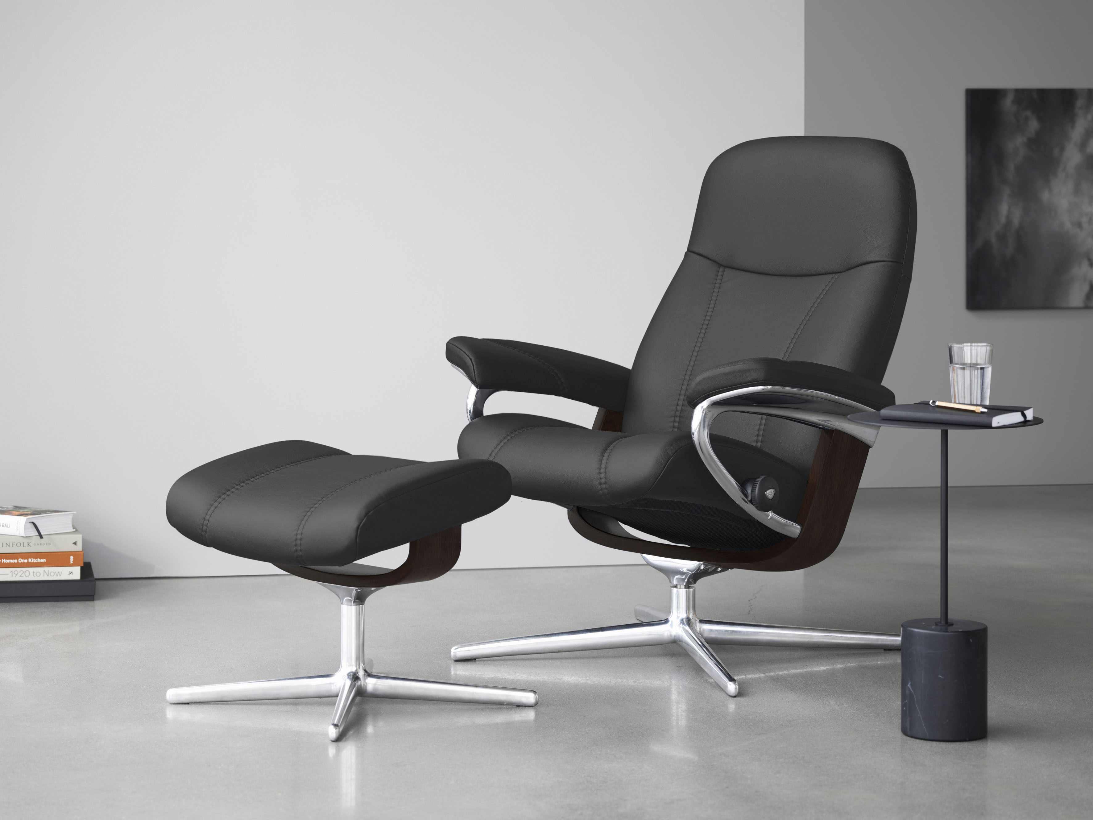 Stressless Relaxsessel "Consul" Set, Relaxsessel mit Hocker, mit Hocker, mit Cross Base, Größe S, M & L, Holzakzent Braun