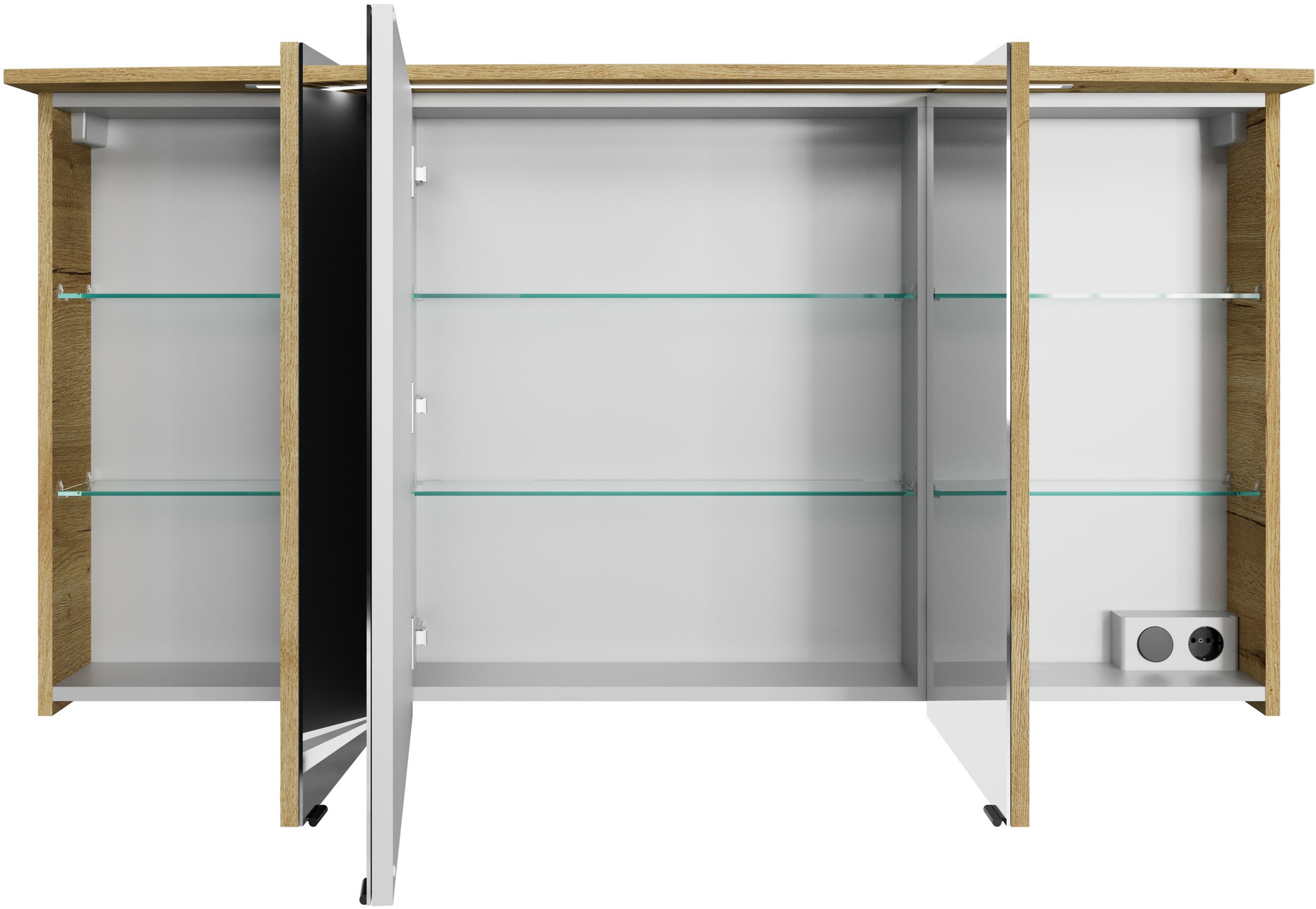 Saphir Badezimmerspiegelschrank »Serie 4010 Badezimmer-Spiegelschrank inkl. LED-Beleuchtung im Kranz«, Badschrank 142 cm breit, 3 Türen, 6 Glas-Einlegeböden, inkl Türdämpfer