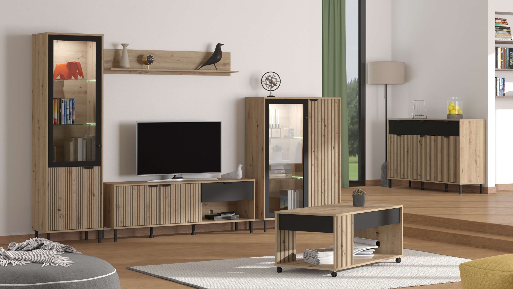 Home affaire Vitrine »Mayenne Vitrinenschrank, Standvitrine, Showcase, B/H: 54,5/195 cm«, Holztür mit Rillen-Optik, Glastür, Modernes Design