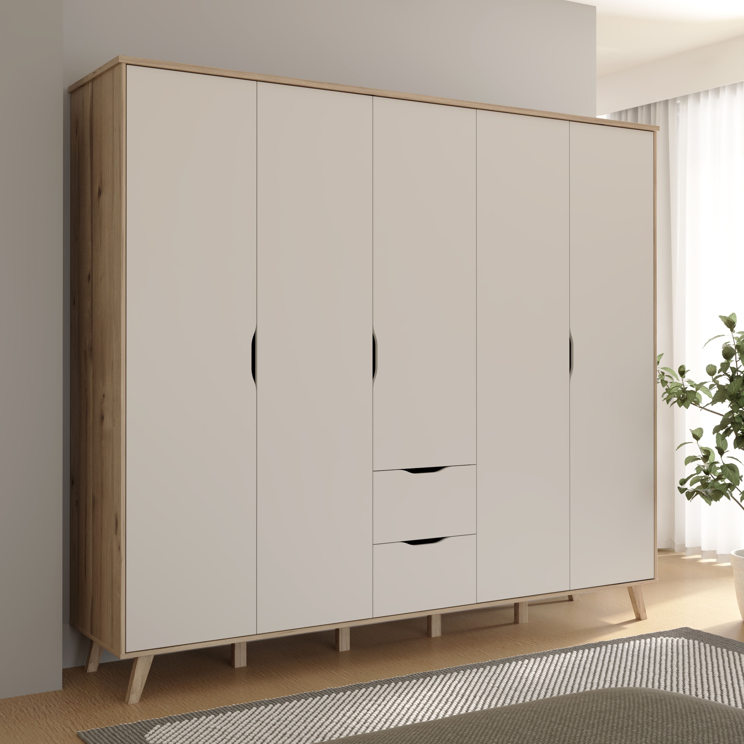 FORTE Kleiderschrank »Vankka, Drehtürenschrank, Viel Stauraum, skandinavischer Stil« Made in Europe, mit Einlegeböden+Kleiderstangen+Schubladen,grifflos