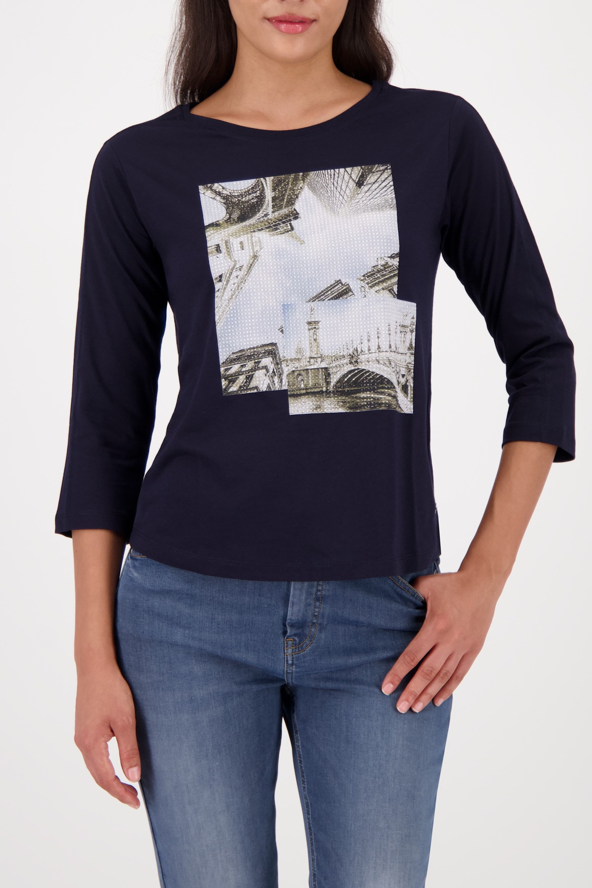 Monari 3/4-Arm-Shirt "Shirt Druck + Schmuck", Regular fit mit Rundhalsaussc günstig online kaufen