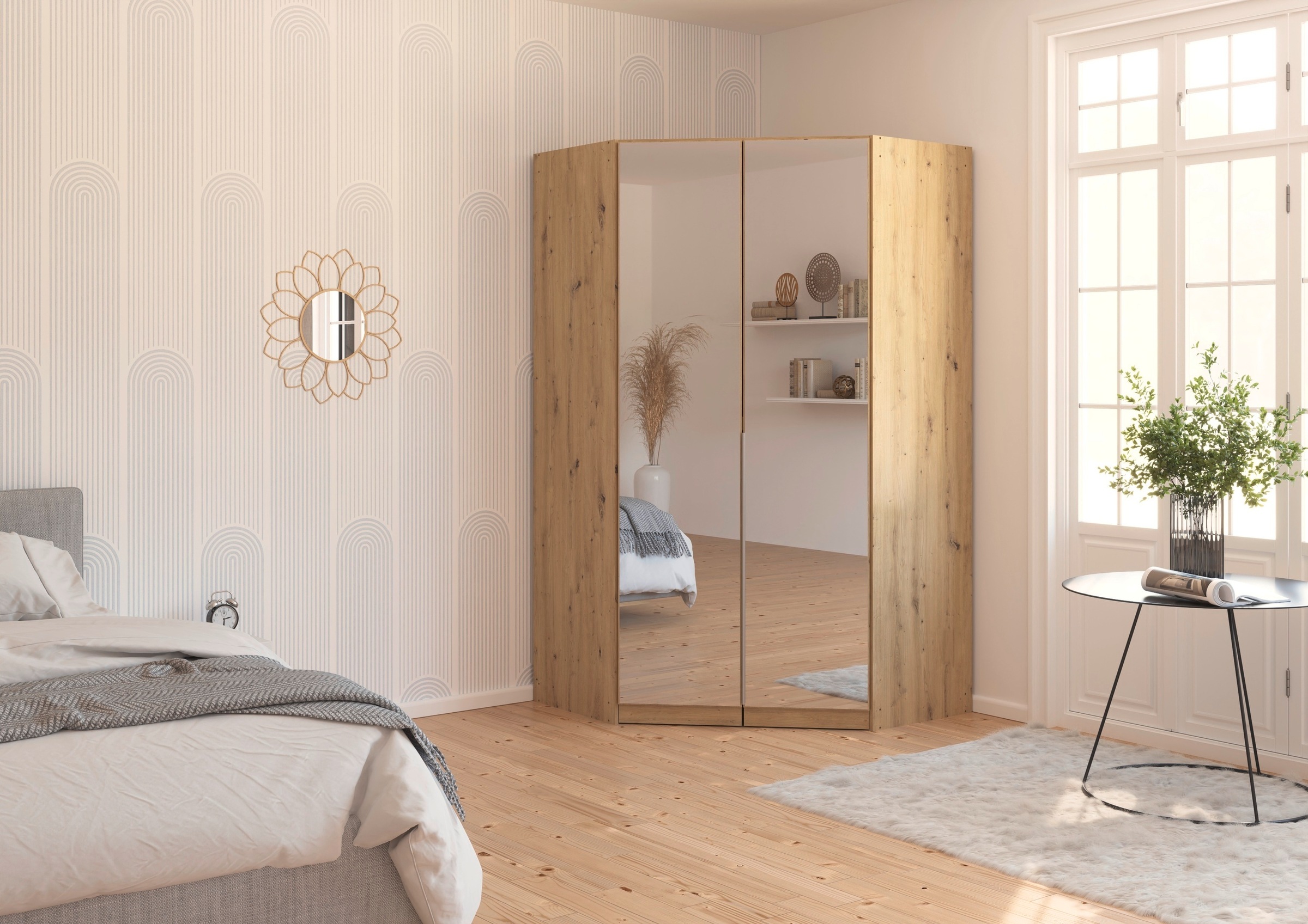 rauch Eckkleiderschrank »Kleiderschrank Schrank Ankleidezimmer Schlafzimmer Garderobe AGORDO«, (in zwei Griff-Farben), mit Spiegeltüren, voll ausgestattet mit viel Stauraum MADE IN GERMANY