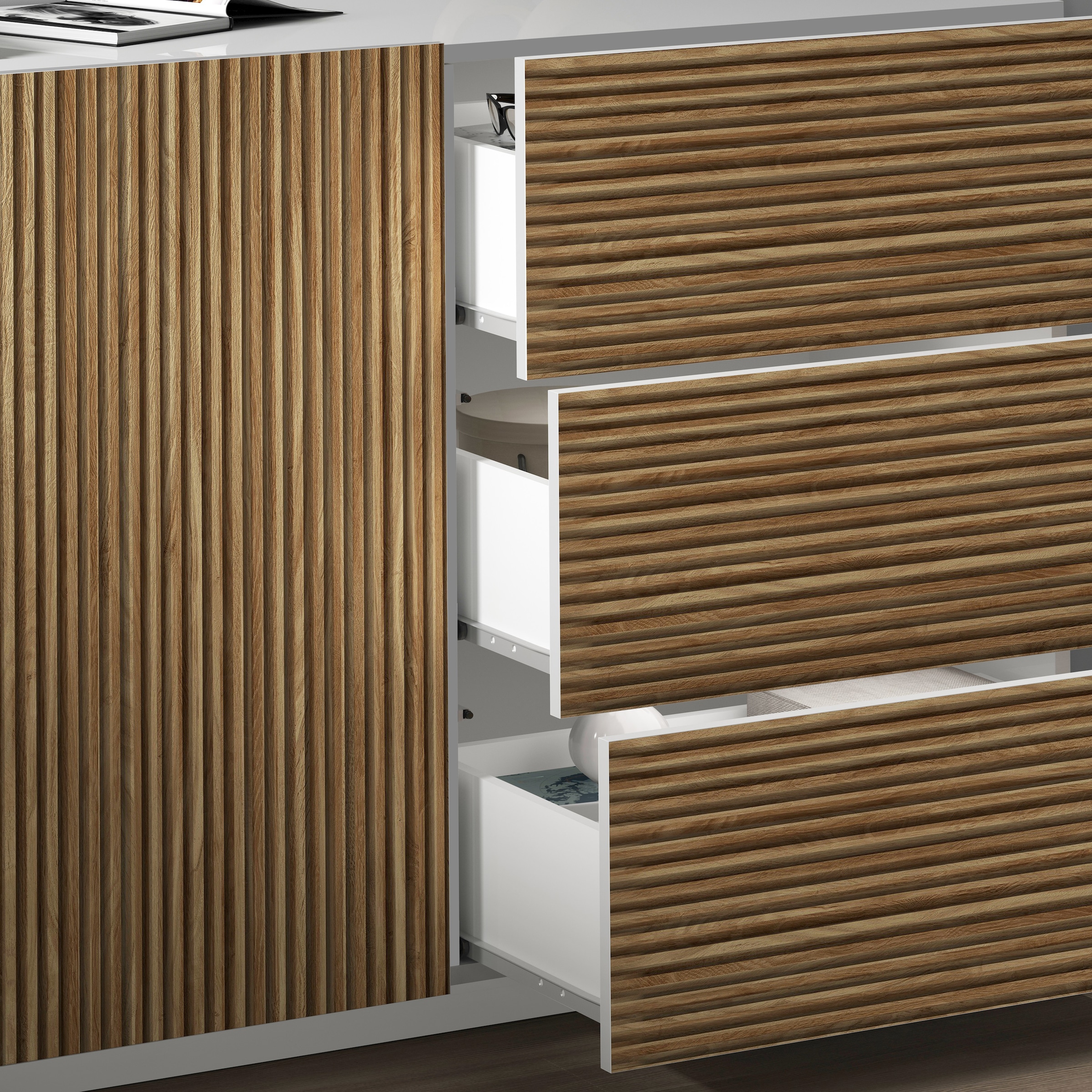 INOSIGN Sideboard »Vega Sideboard,Kommode,220 cm«, mit 4 Türen und 3 Schubladen,Fronten mit Rillen-Optik