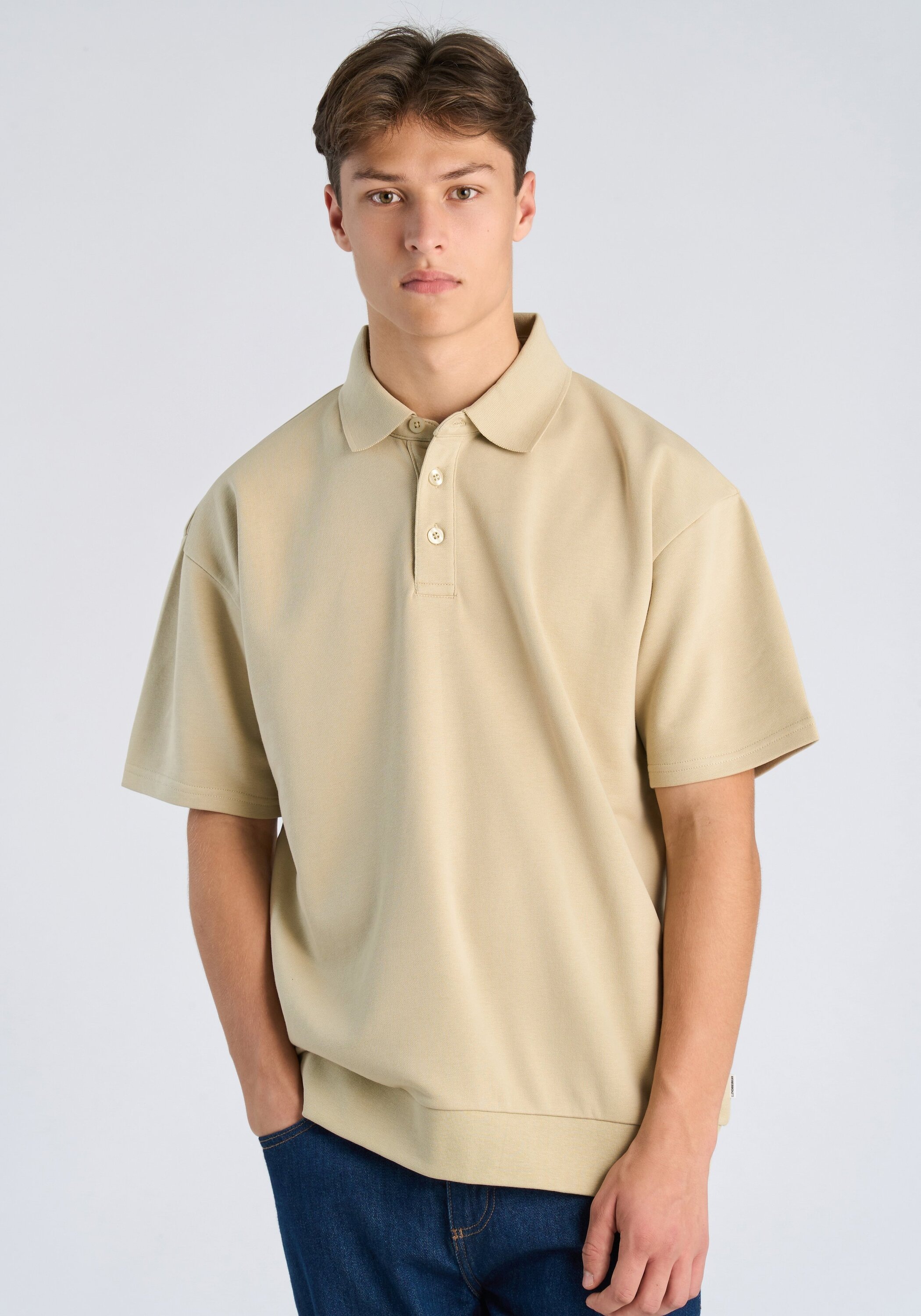 Poloshirt LINDBERGH "Poloshirt Oversize Fit", Herren, Gr. M, sand, Obermaterial: 85% Baumwolle, 15% Polyester, unifarben, oversize, Shirts