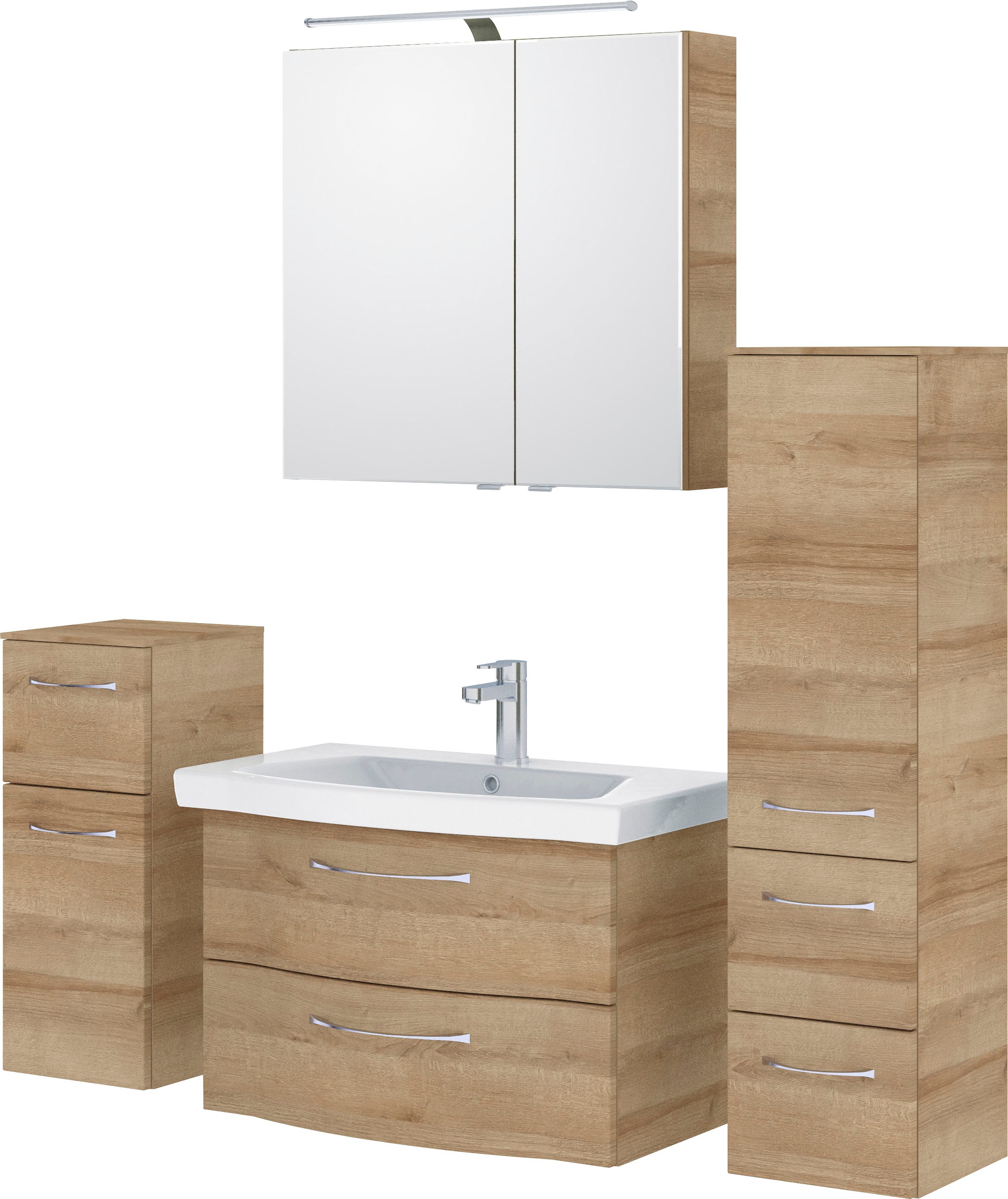 Saphir Badmöbel-Set »6005 Sprint 4-teilig, Keramik-Waschtisch mit LED-Spiegelschrank«, (5 St.), Unterschrank, Midischrank, inkl. Türdämpfer, 4 Türen, 5 Schubladen