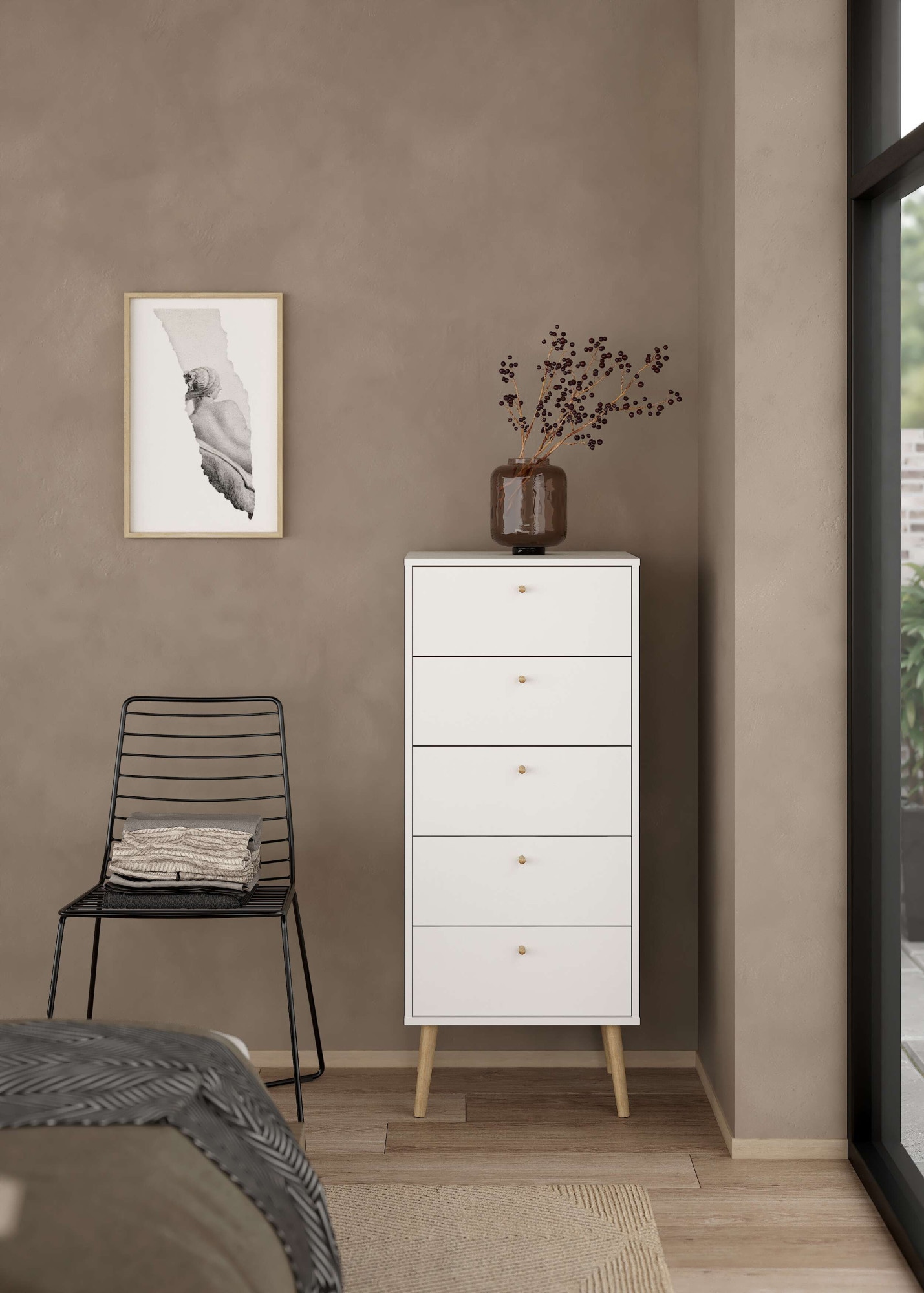 Home affaire Highboard "Bodo, Hochkommode, Aufbewahrung, Stauraum" mit 5 Schubladen, Beine und Griffe aus Echtholz, Breite 50 cm