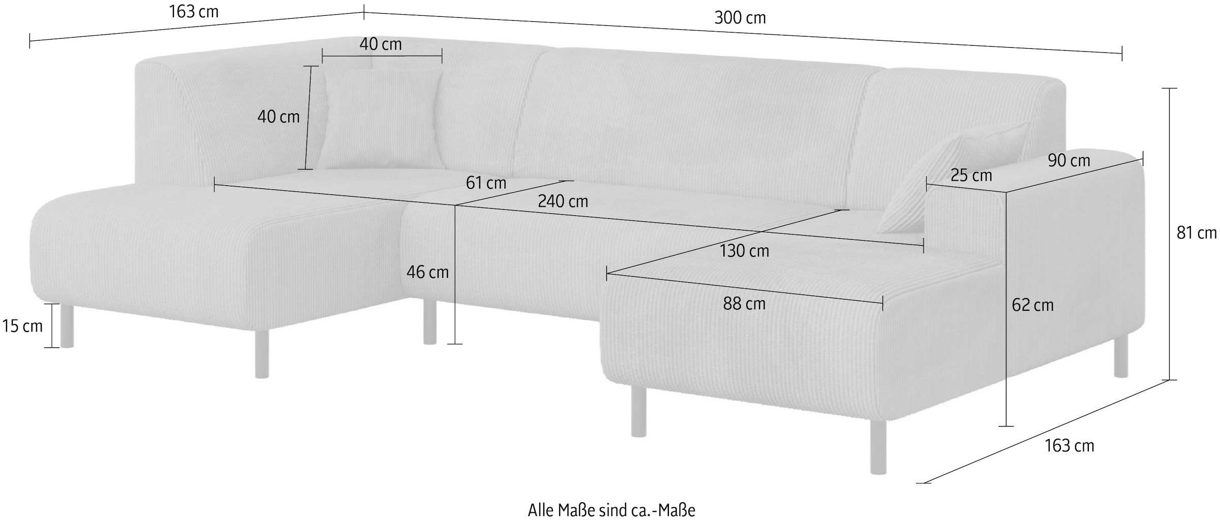 Home affaire Wohnlandschaft »ARROS U-Form mit Wellenunterfederung, Maße B/T/H: 300/163/81 cm«, incl. Zierkissen, mit Recamiere links/rechts bestellbar, auch in Cord