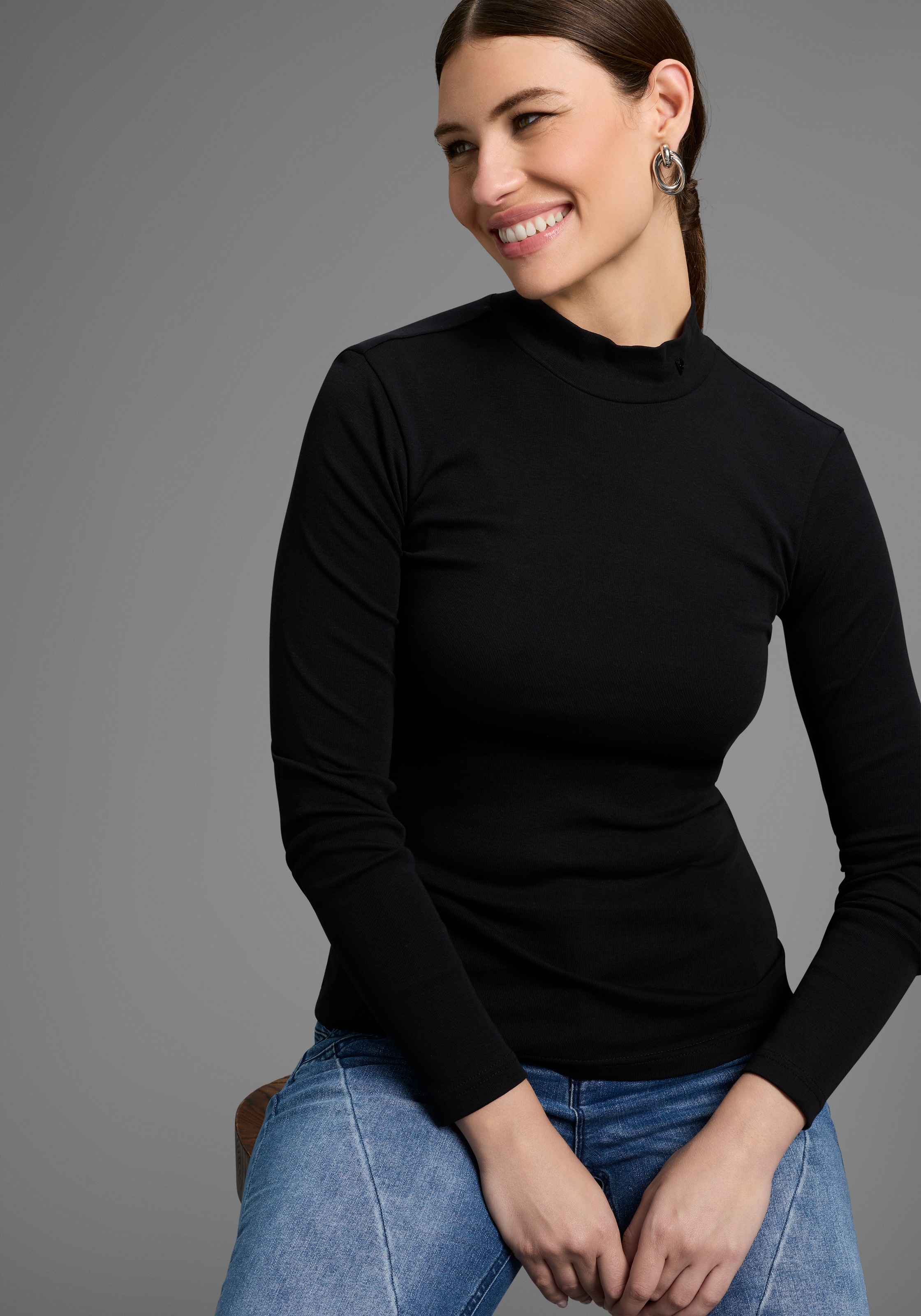 Bruno Banani Women's Mock Neck Shirt Black/White Size 32/34 2
