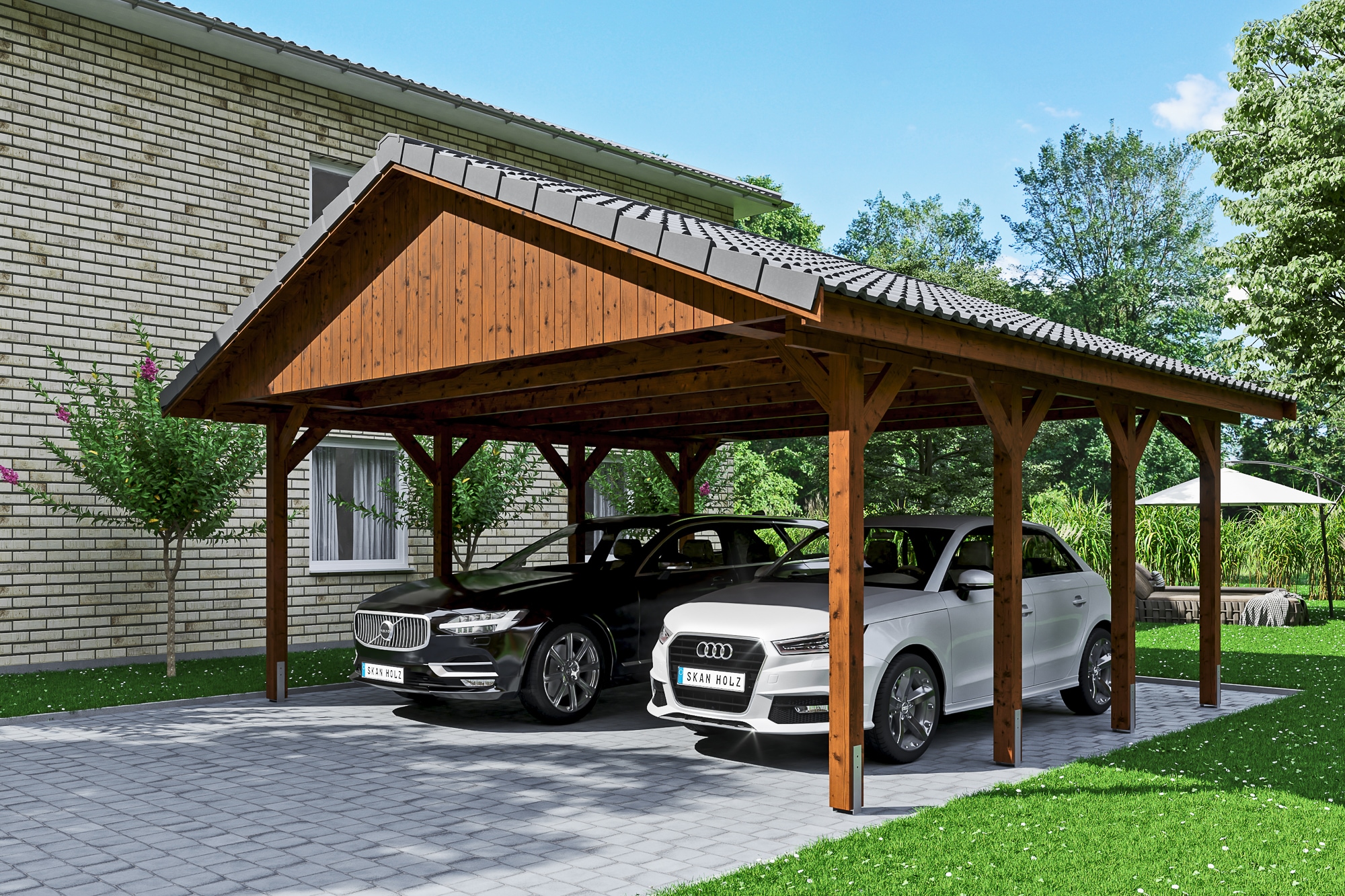 Skanholz Doppelcarport »Wallgau«, Nadelholz, 530 cm, Nussbaum, mit Dachlattung