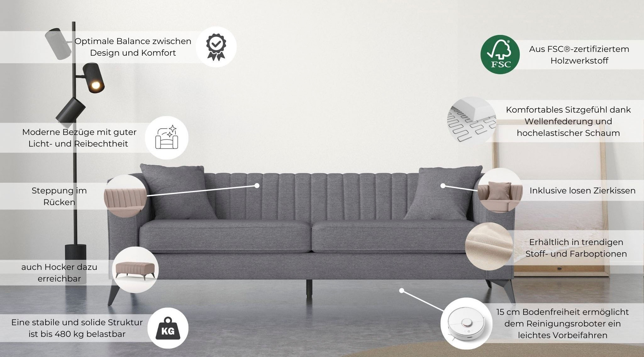 Thumbnail - Home affaire 4-Sitzer "MATTHEW elegantes Designsofa, Maße B/T/H: 231/86/74 cm" XXL, Steppung im Rücken, lose Sitzkissen,...