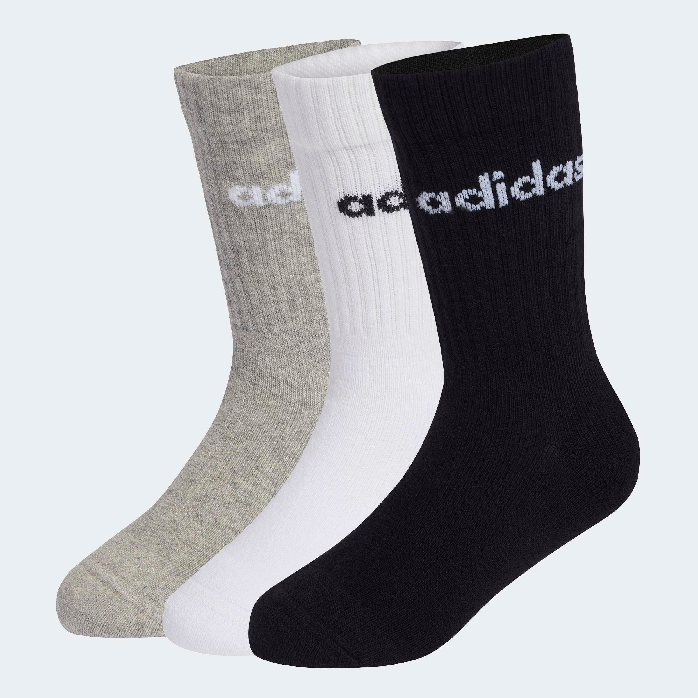 Funktionssocken ADIDAS PERFORMANCE "LINEAR KIDS CREW 3ER-PACK", Mädchen, Gr. 25-27, weiß, medium grau heather, schwarz, Obermaterial: 58% Baumwolle, 38% Polyester, 3% Elasthan, 1% Polyamid, Socken