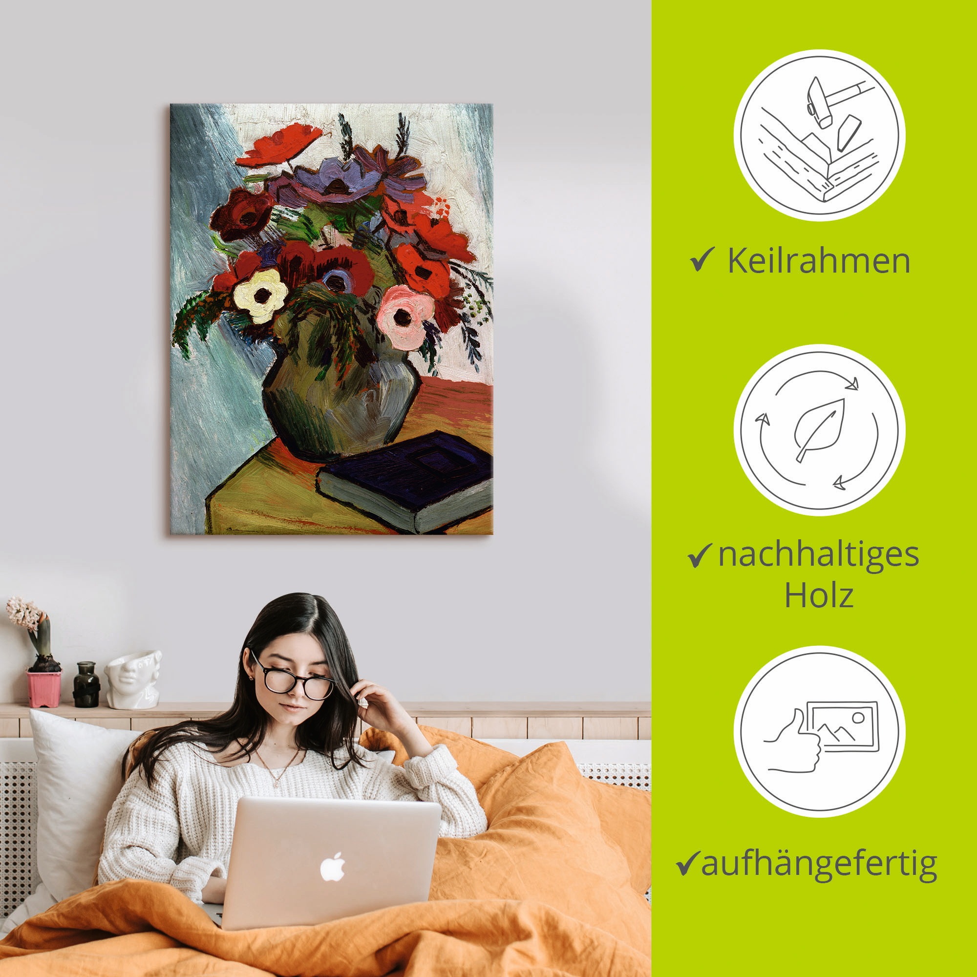 Artland Wandbild »Stilleben mit Anemonen und blauem Buch«, Arrangements, (1 St.), als Leinwandbild, Poster in verschied. Größen