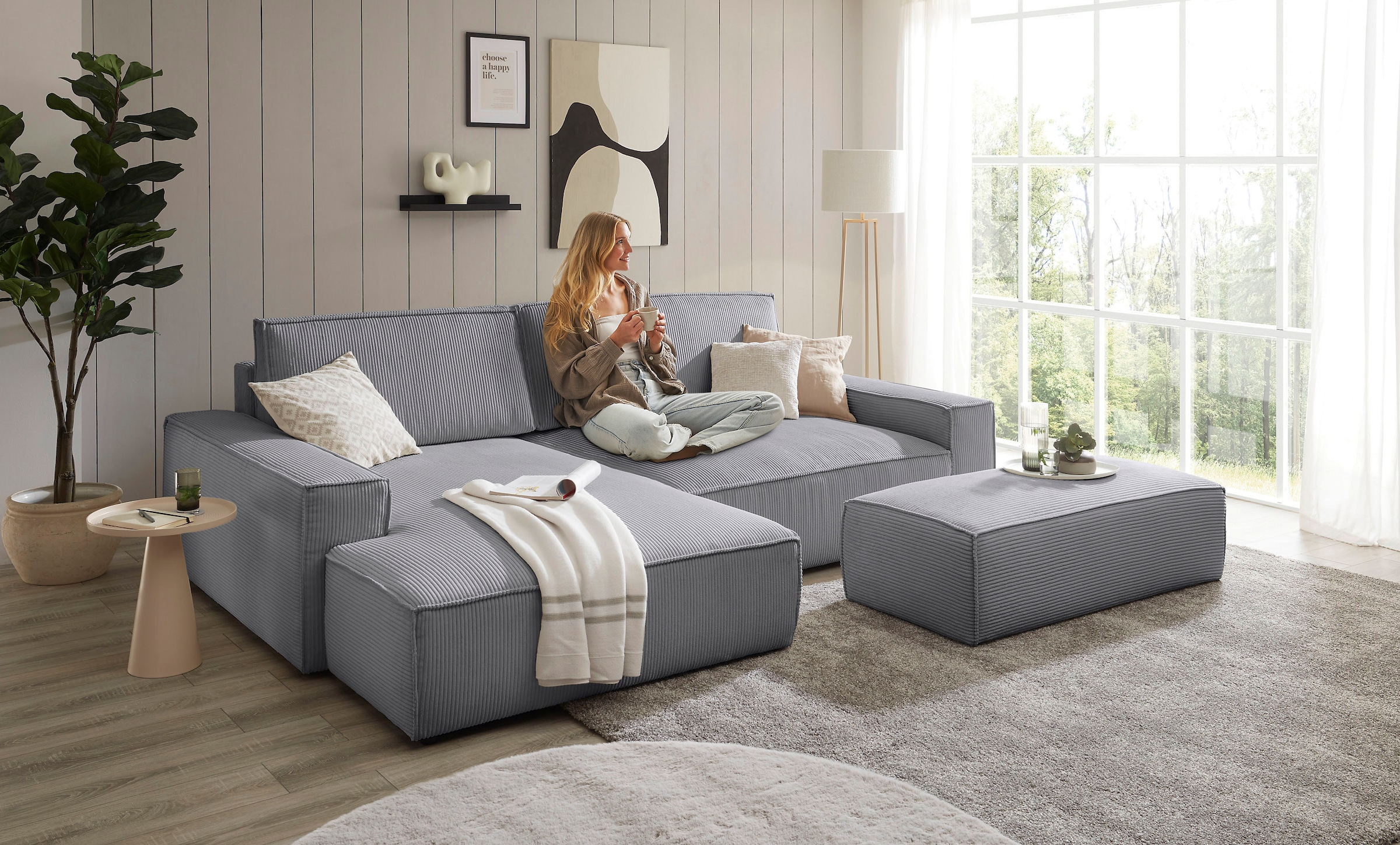 Home affaire Polsterecke »NEU: SHERWOOD XXL tief, L-Form mit Schlaffunktion, Big-Sofa mit Hocker«, (Set, 2 St.), stellbar zum Schlafsofa (Krokodilverbinder), Cord, Leinenoptik