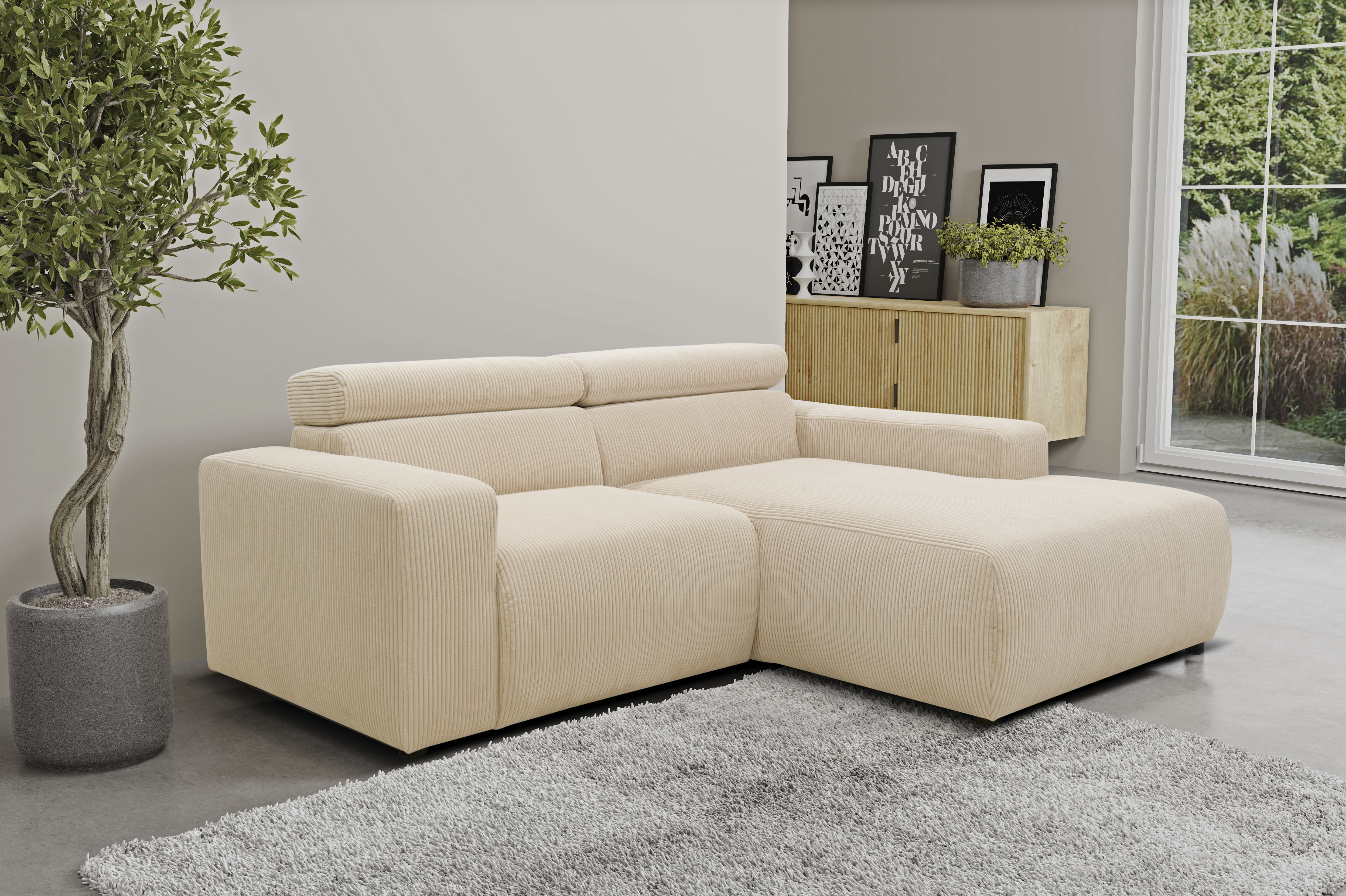 DOMO collection Ecksofa "BRANDON inkl. Kopfteilverstellung, 214x100x80 cm, L-Form" Cord, creme