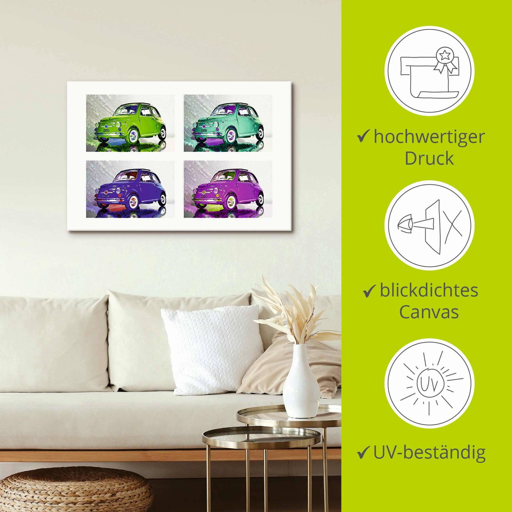 Artland Leinwandbild »POP ART Der kleine italienische Freund«, Auto, (1 St.), auf Keilrahmen gespannt