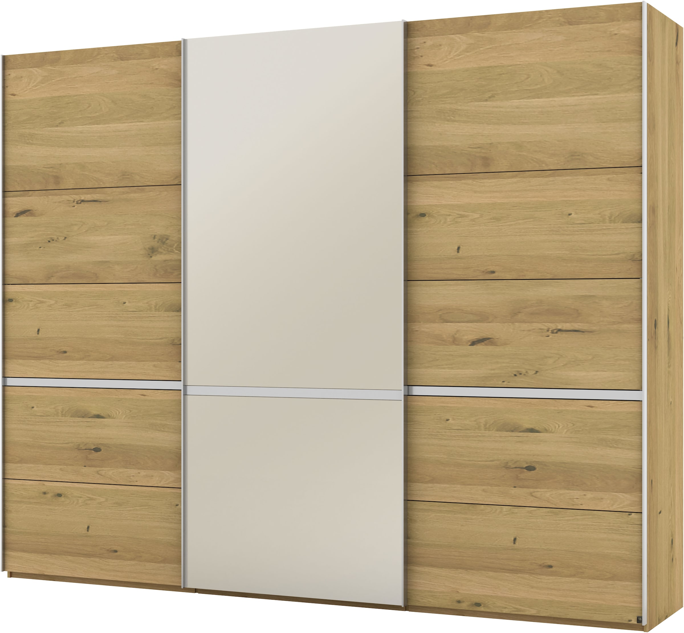 Musterring Schwebetürenschrank »Savona, Kleiderschrank, Schrank, Garderobe, mit Schiebetüren«, (Teilmassiv Bianco-Eiche, mit Spiegel oder Glas, MADE IN GERMANY), Türen Bianco-Eiche massiv, Spiegel-/Glastüren, eingelegte Chromleiste