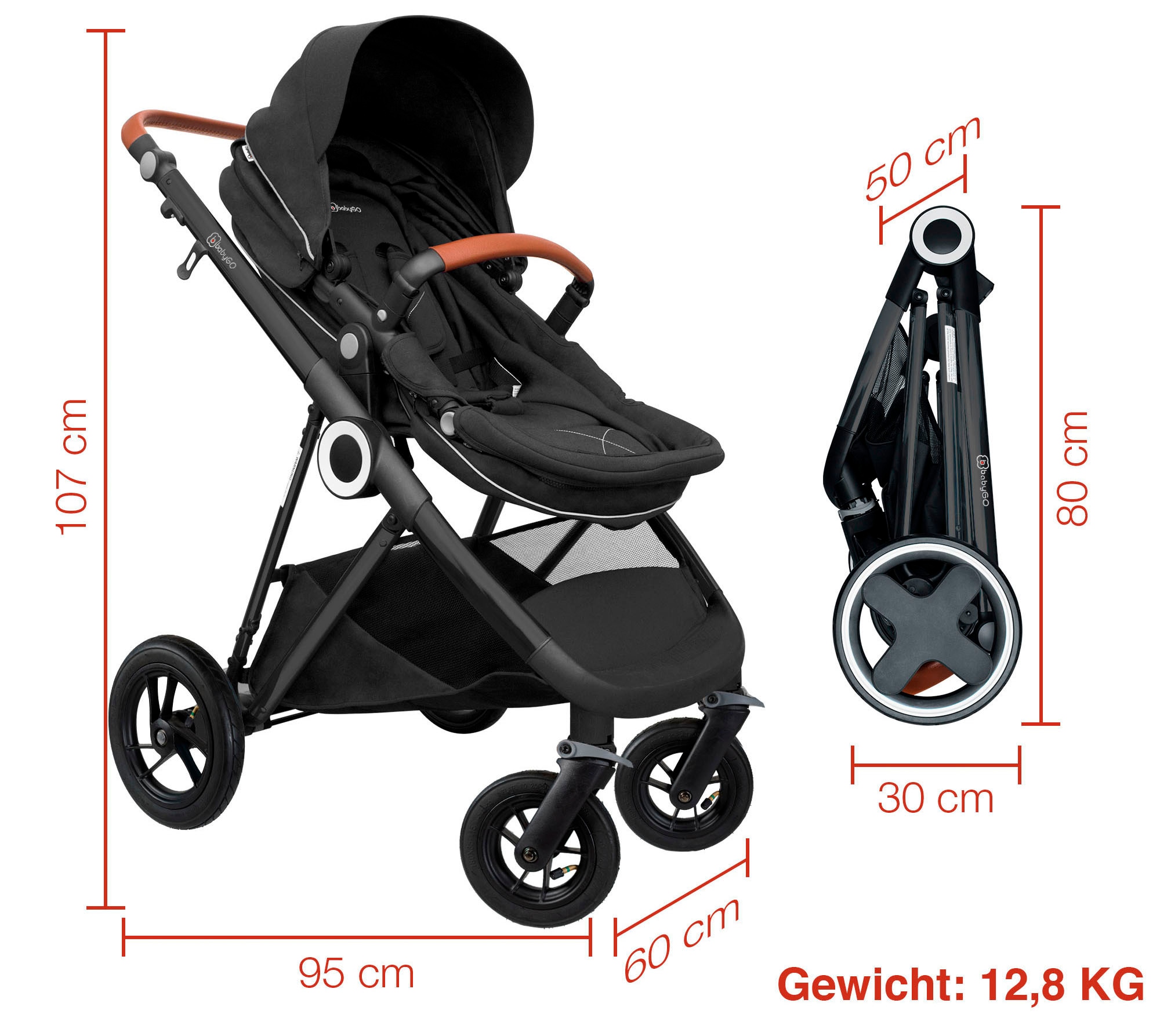 BabyGo Kombi-Kinderwagen »Halime AIR 3in1«, mit Luftreifen, inkl. Babywanne, Babyschale, Regenhaube & Wickeltasche