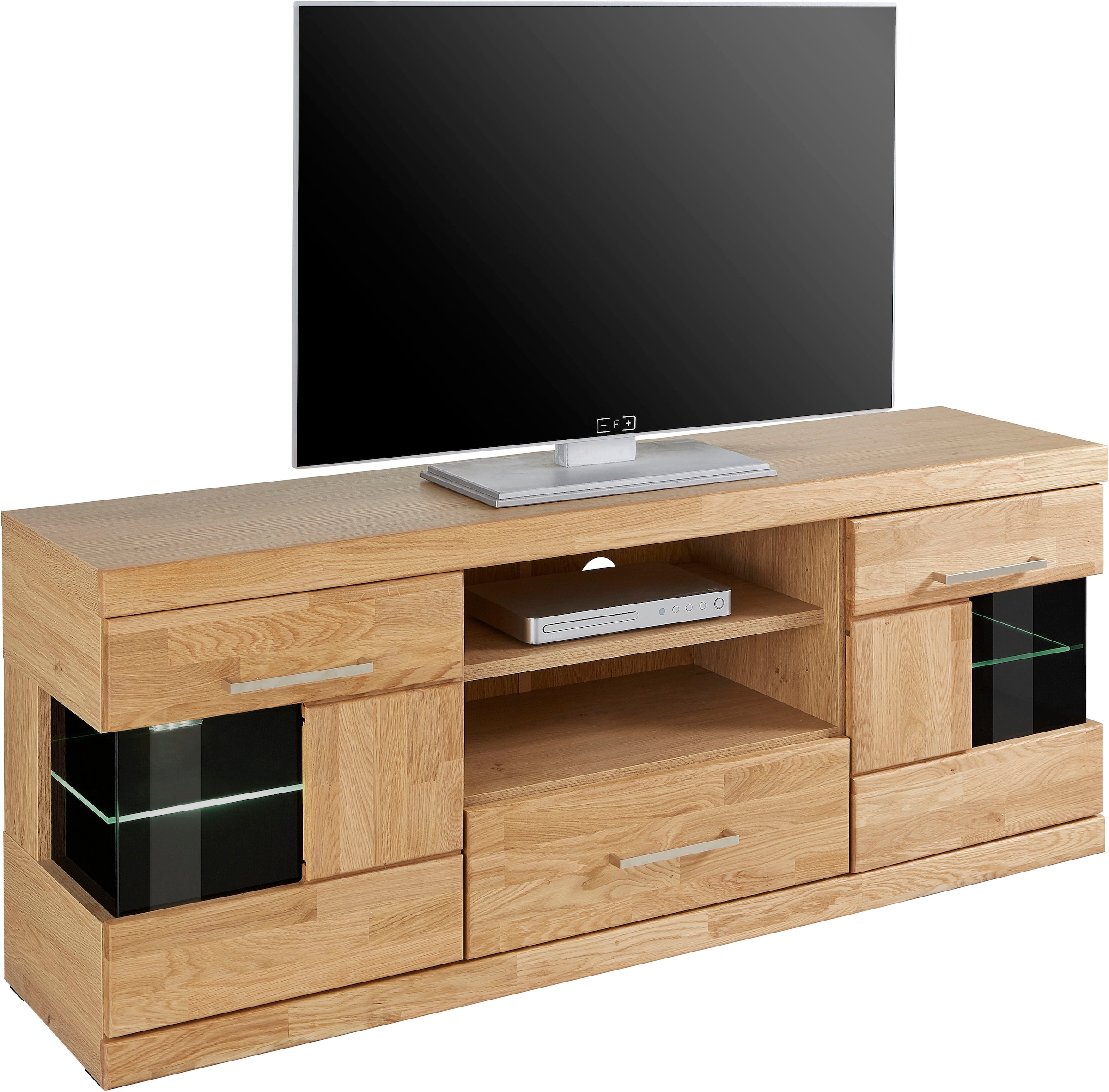 Home affaire Lowboard »Ribe,140cm breit, Fronten Massivholz,6 Fächer,Kabeldurchführung«, Korpus Holzwerkstoff,Glaseinsatz aus gehärtetem Glas,Böden versetzbar