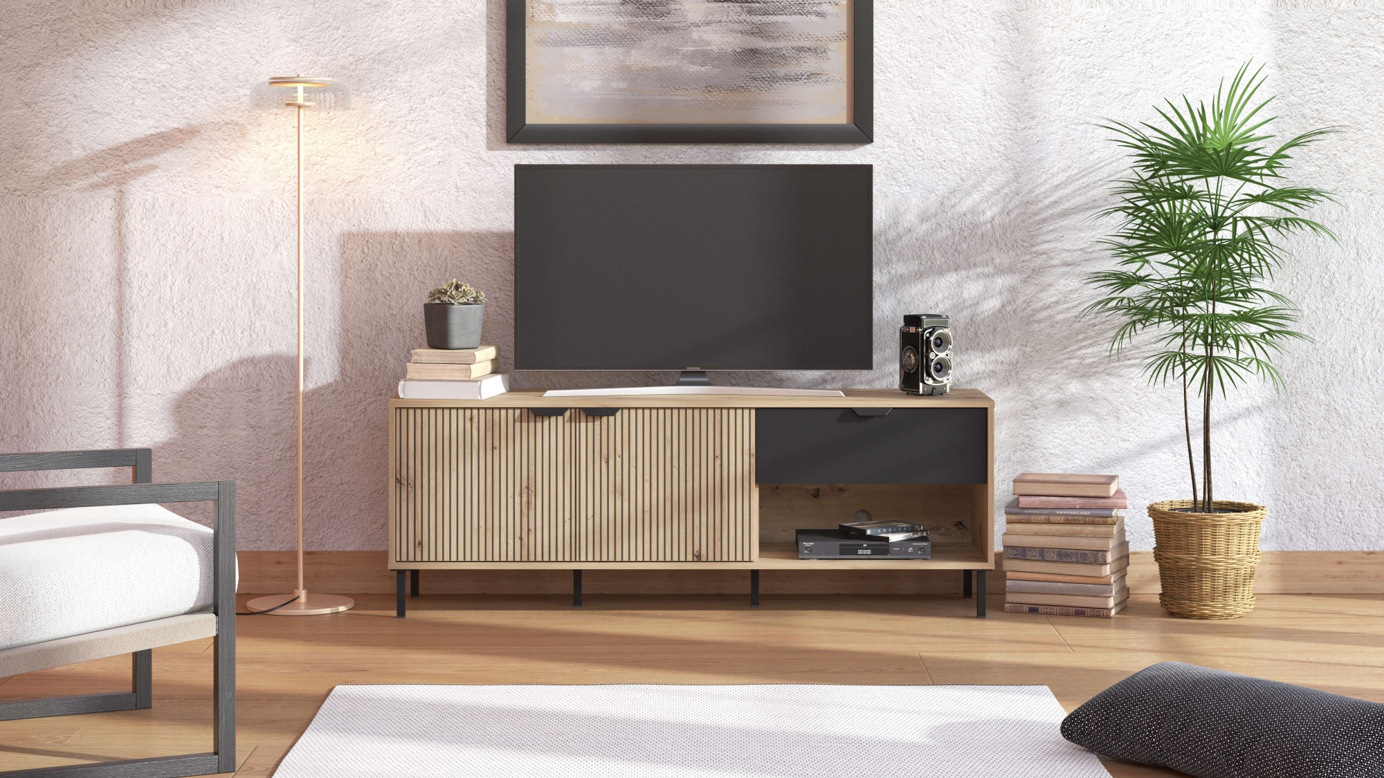 Home affaire TV-Board "Mayenne Lowboard, Breite 150 cm, TV-Schrank, TV-Ständer", mit dekorativen schwarzen Streifen, in 