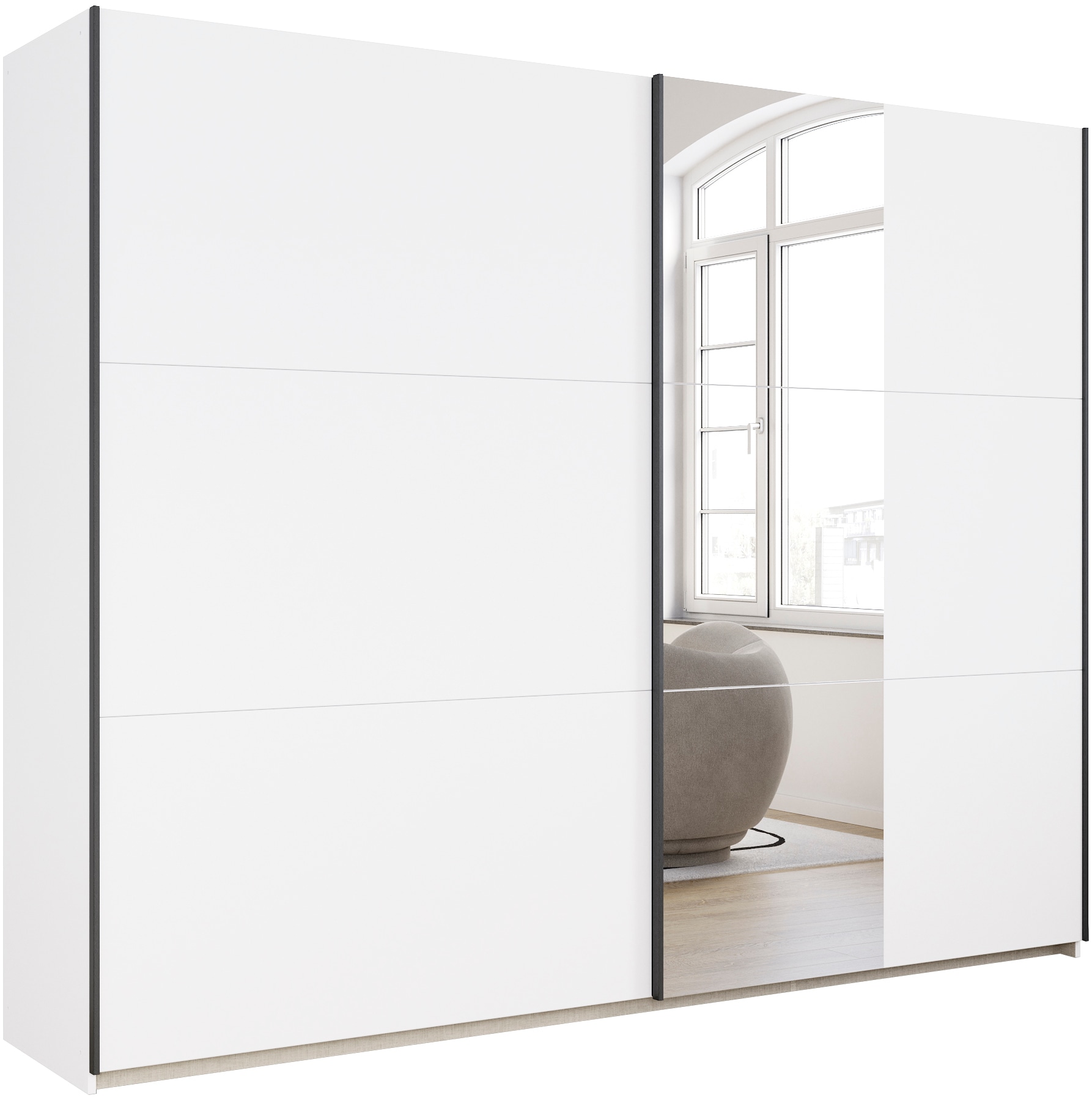 rauch Schwebetürenschrank "Kleiderschrank Drehtürenschrank Schrank Garderobe KRONACH" in 3 Ausstattungen BASIC/CLASSIC/PREMIUM, Breiten 131/175/218/261 cm, optional ohne, mit 1 oder 2 Spiegel, viel Stauraum MADE IN GERMANY