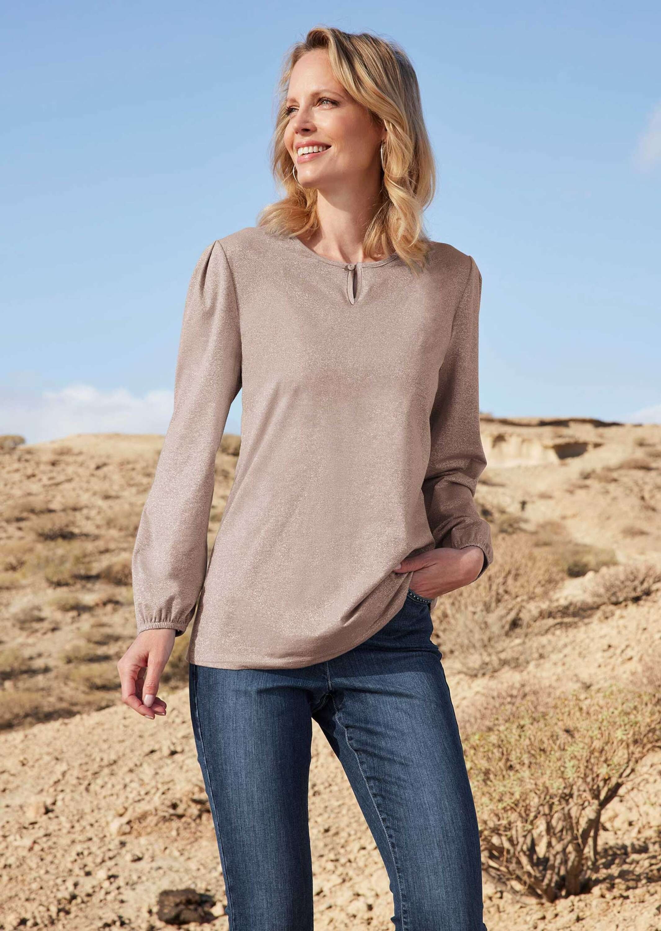 GOLDNER Longpullover »Kurzgröße Kurzgröße - Glanzshirt« Rundhalsausschnitt mit Schlitz