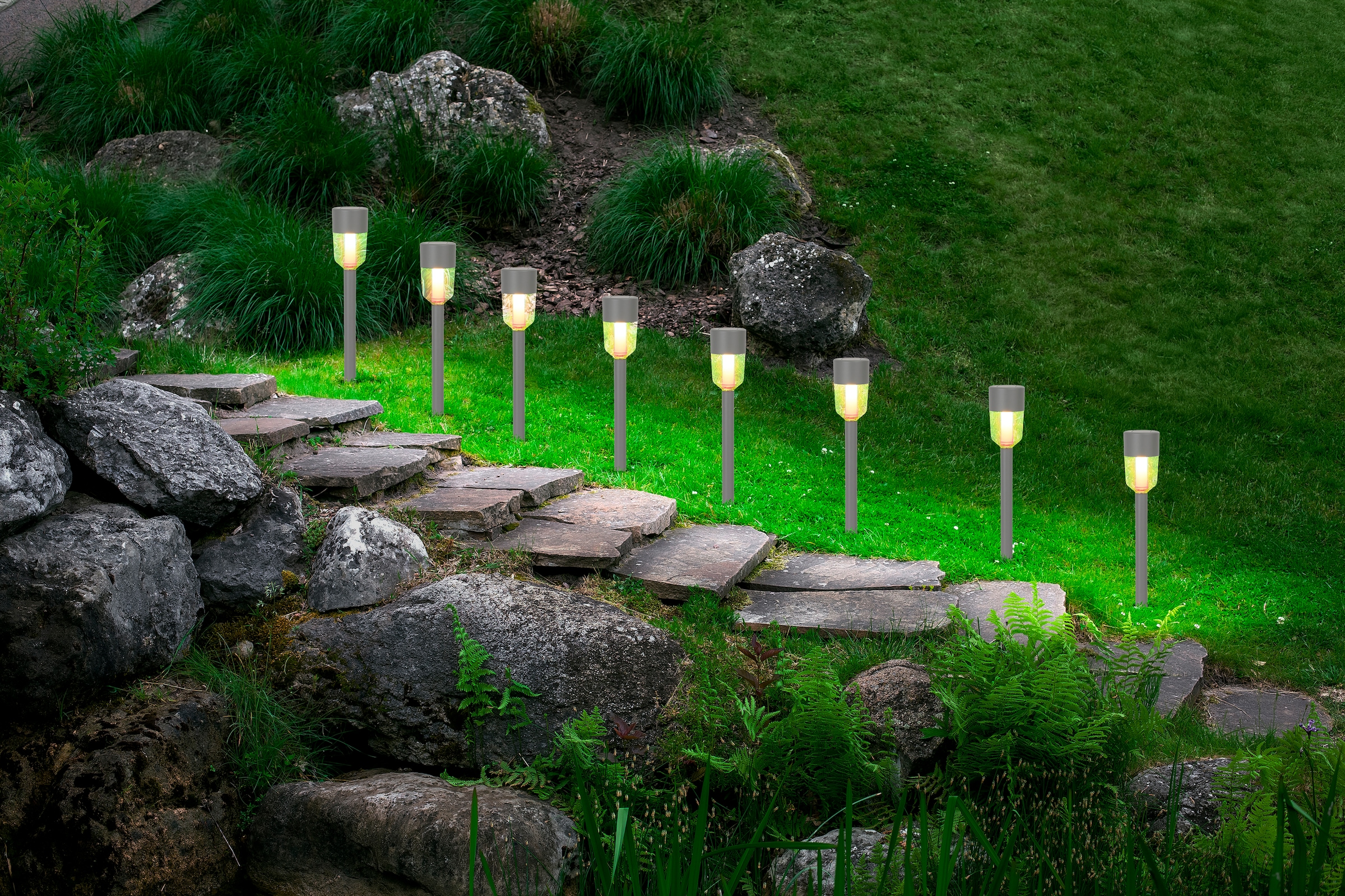 näve LED Solarleuchte »Doha« LED-Modul 1 Stk. Warmweiß 8er-Set Dekoerdspieß, je H: 35,5cm, grau, LED warmweiß, Leuchtdauer 8h