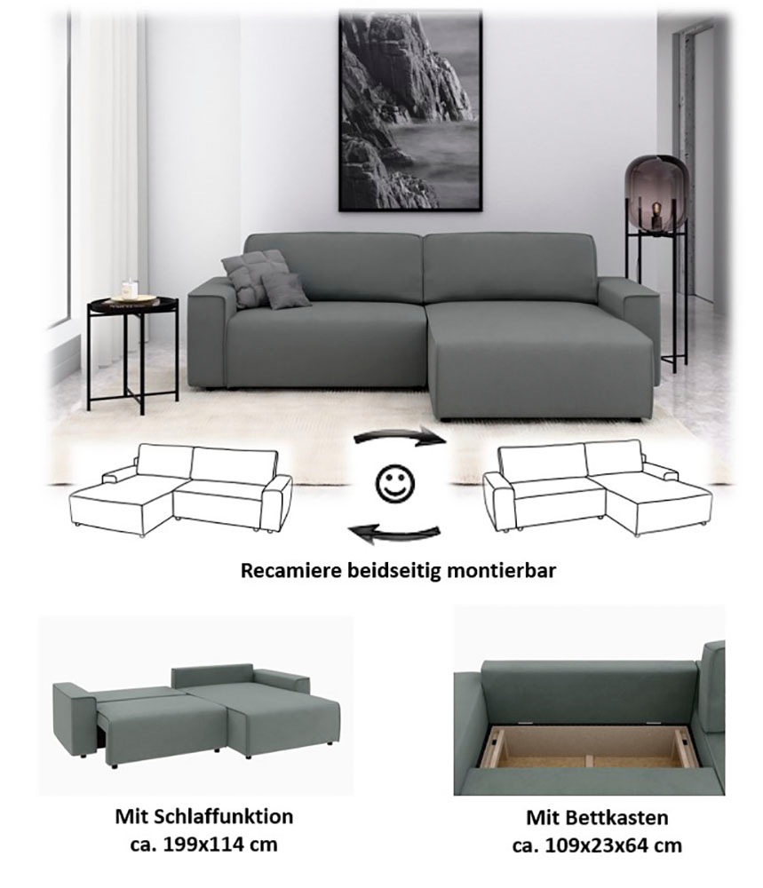 INOSIGN Ecksofa »Chance, Recamiere beidseitig montierbar, Schlaffunktion, Breite 265 cm«, in Struktur fein LINO, mit Schlaffunktion und Bettkasten