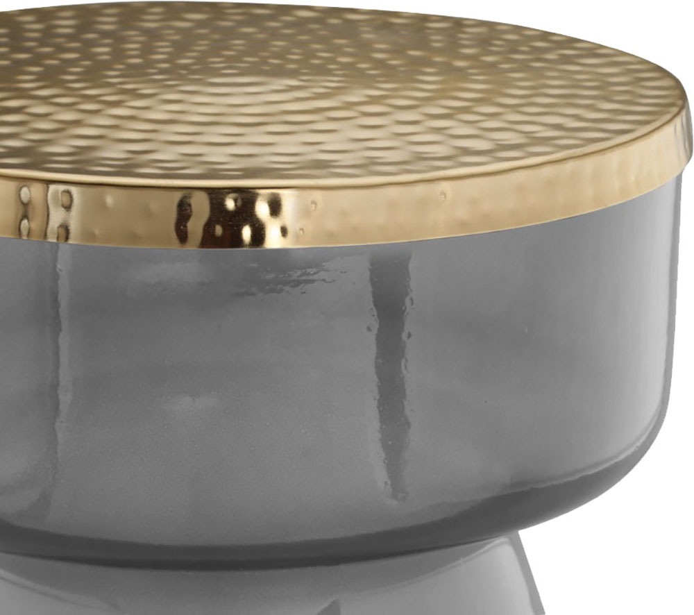 Kayoom Beistelltisch »Roman 125, mundgeblasener Glaskorpus«, (1 St.), mundgeblasener Glaskorpus, Retro-Design, goldene Metall-Tischplatte