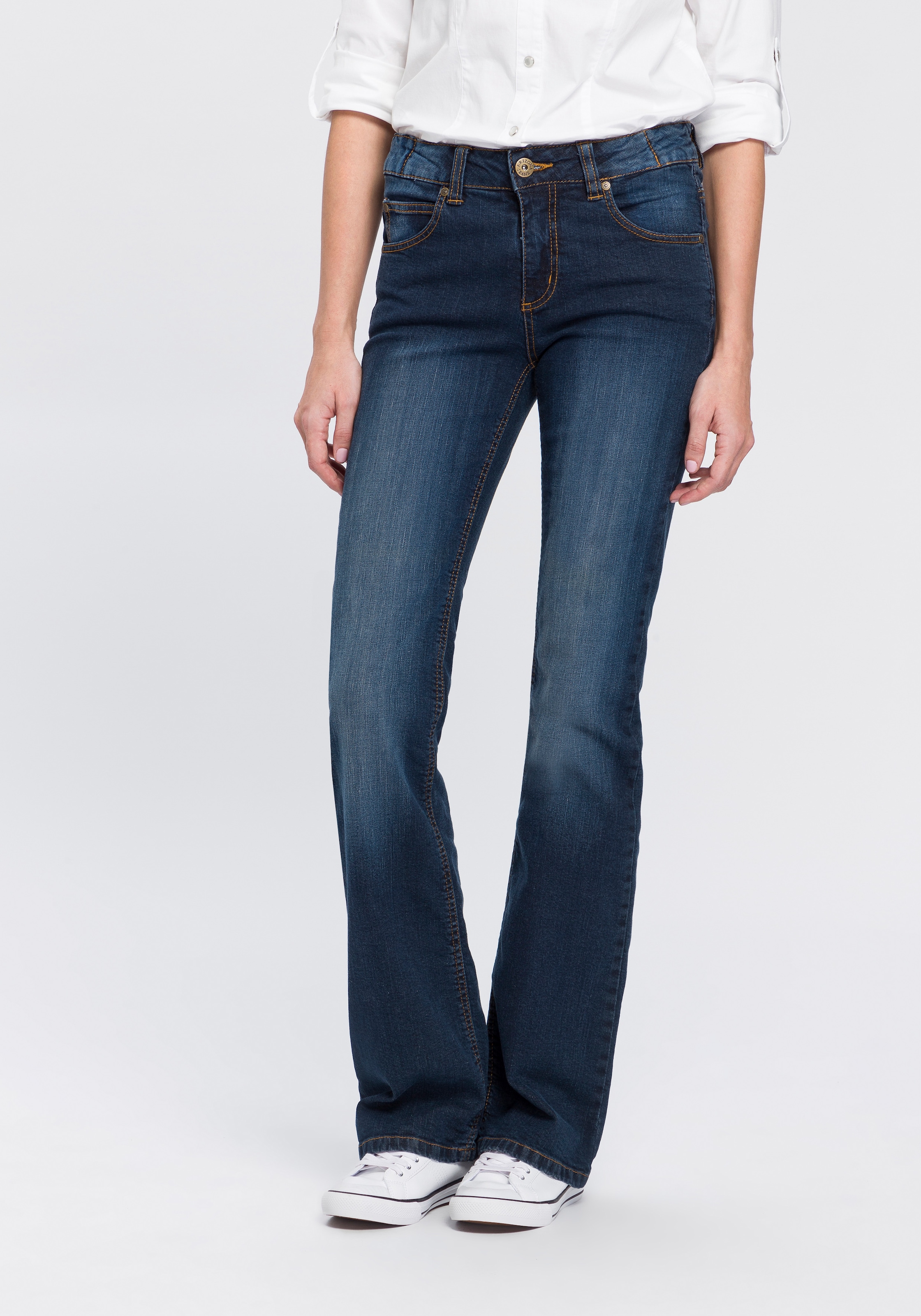 Arizona Bootcut-Jeans »Bund mit seitlichem bestellen | Gummizugeinsatz«, für High BAUR Waist