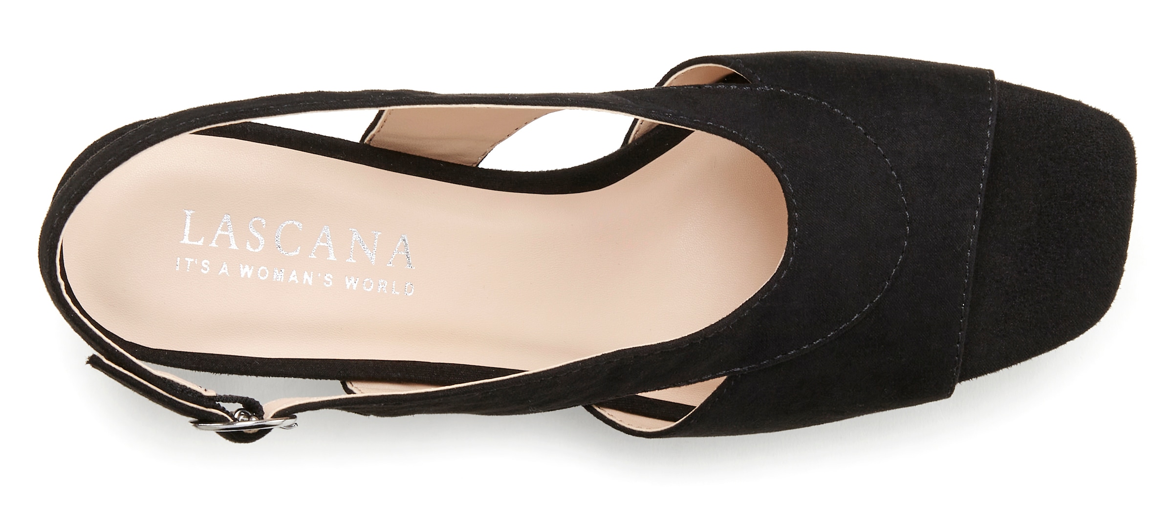 LASCANA Sandalette »Sling-Sandalette, Sandale, Sommerschuh,«, mit raffiniertem Ausschnitt aus Velourslederimitat VEGAN