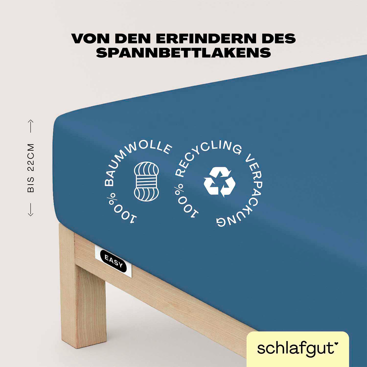 Schlafgut Spannbettlaken "EASY JERSEY Bettlaken, 150 g/m², 100% Baumwolle, Spannbetttuch" Spannbettlaken bis 22 cm Höhe, bügelfrei, pflegeleicht, perfekter Sitz