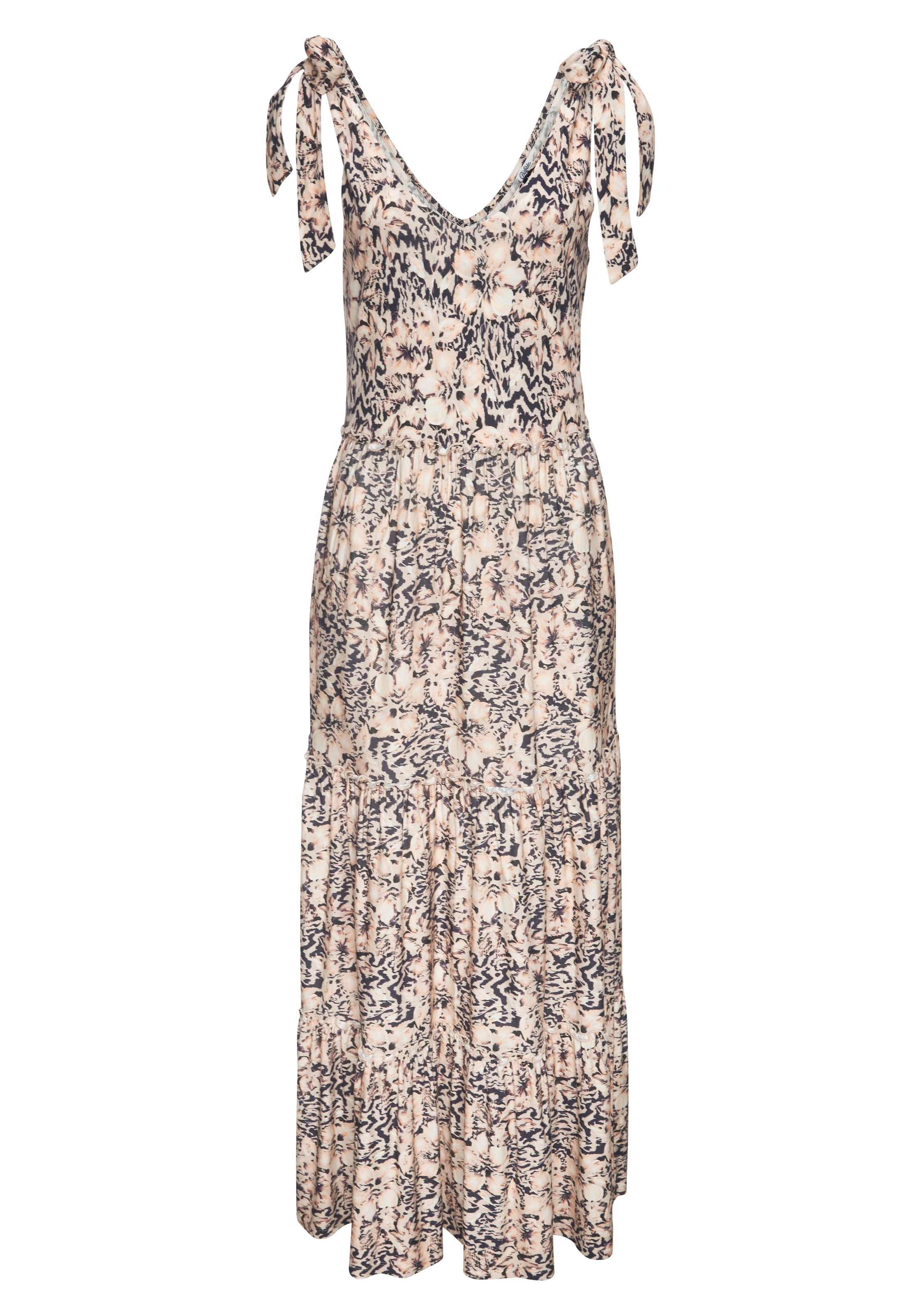 Buffalo Maxikleid »in lockerem Schnitt mit gestuftem Rockteil und Blumendruck« Ohne Taschen langes Strandkleid, Sommerkleid aus Viskose, luftiges Jerseykleid
